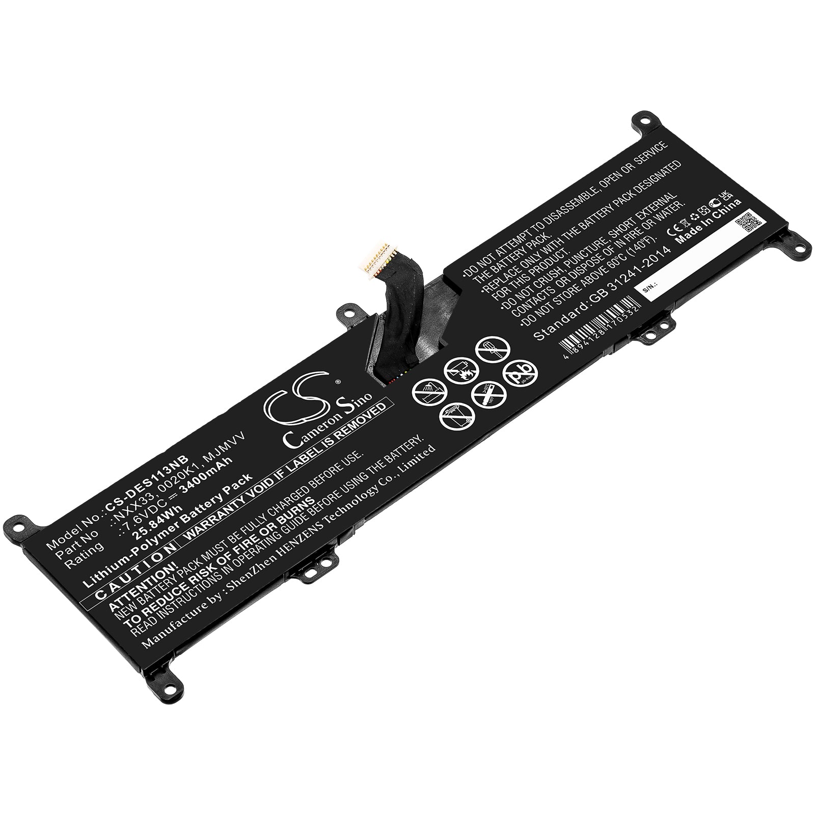 3400mAh Replacement Battery for DELL Inspiron 11 3195 2-in-1 Notebook - 7.6V 25.84Wh Li-Polymer