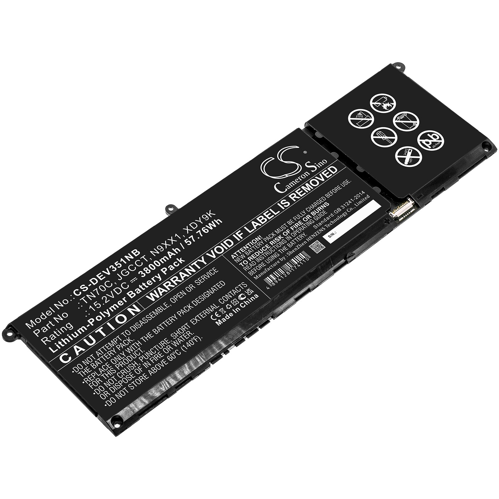 57.76Wh 3800mAh Replacement Battery for DELL Vostro 3510, 3515, 5410, 5510 Laptop - JGCCT, N9XX1, TN70C, XDY9K