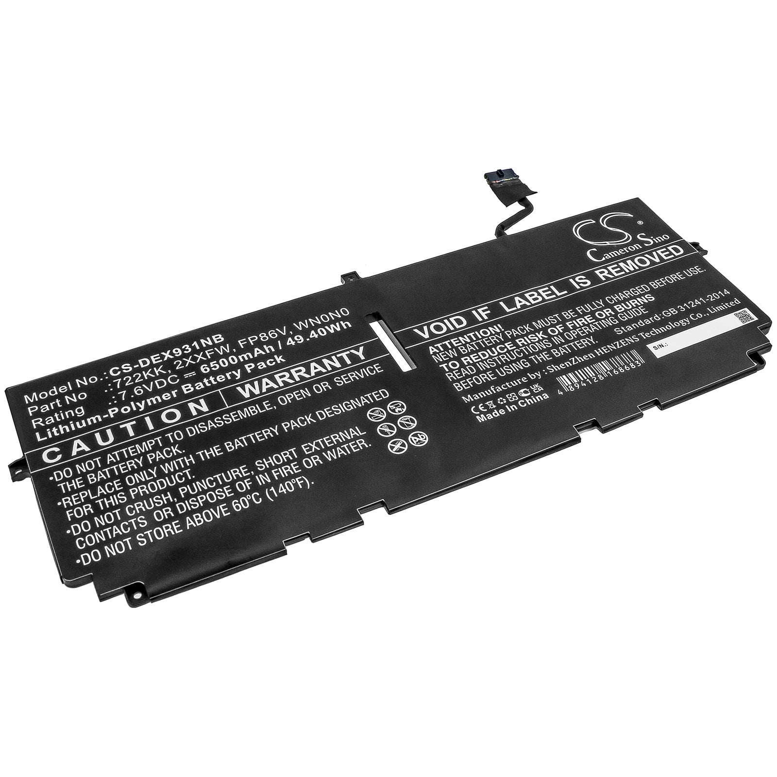 49.4Wh 6500mAh DELL XPS 13 9300/9310/9380 Laptop Battery - 7.6V Li-Polymer Replacement