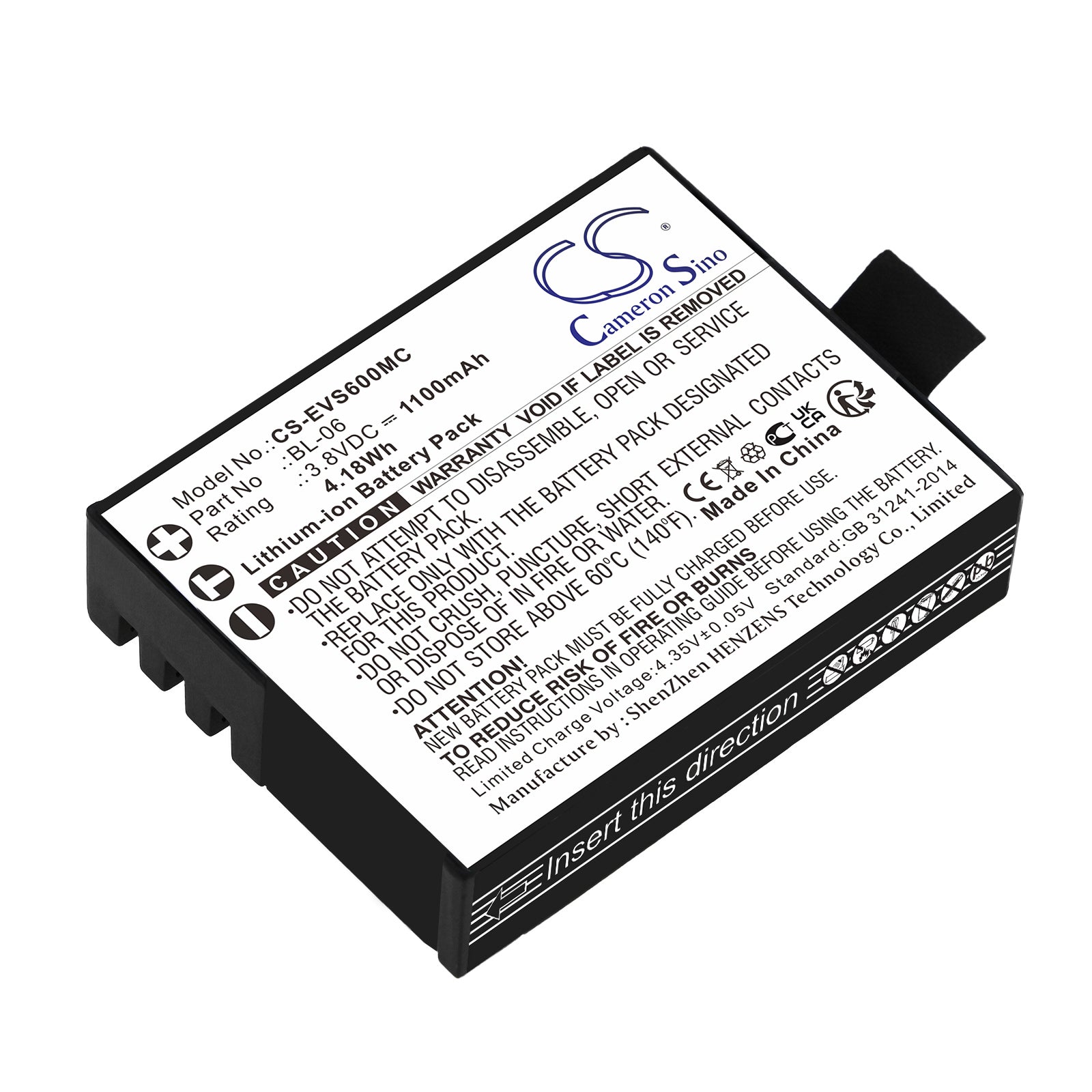 EZVIZ Action Camera Battery: S5, S6, S1c, S2, S3 Models, 1100mAh, 3.8V, 4.18Wh, Li-ion Replacement, BL-06
