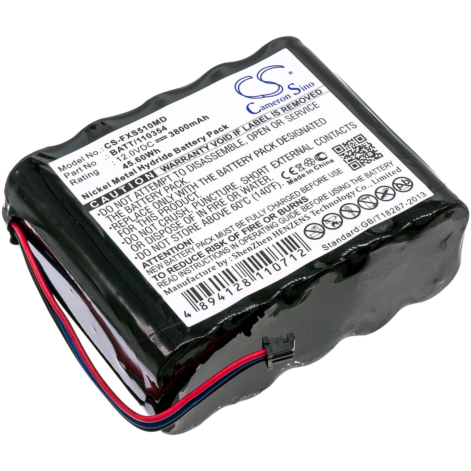 12V 3800mAh Ni-MH Replacement Battery for Fukuda Monitor DS5100 Medical Device - 45.60Wh, 84.8x68x34.2mm Dimensions