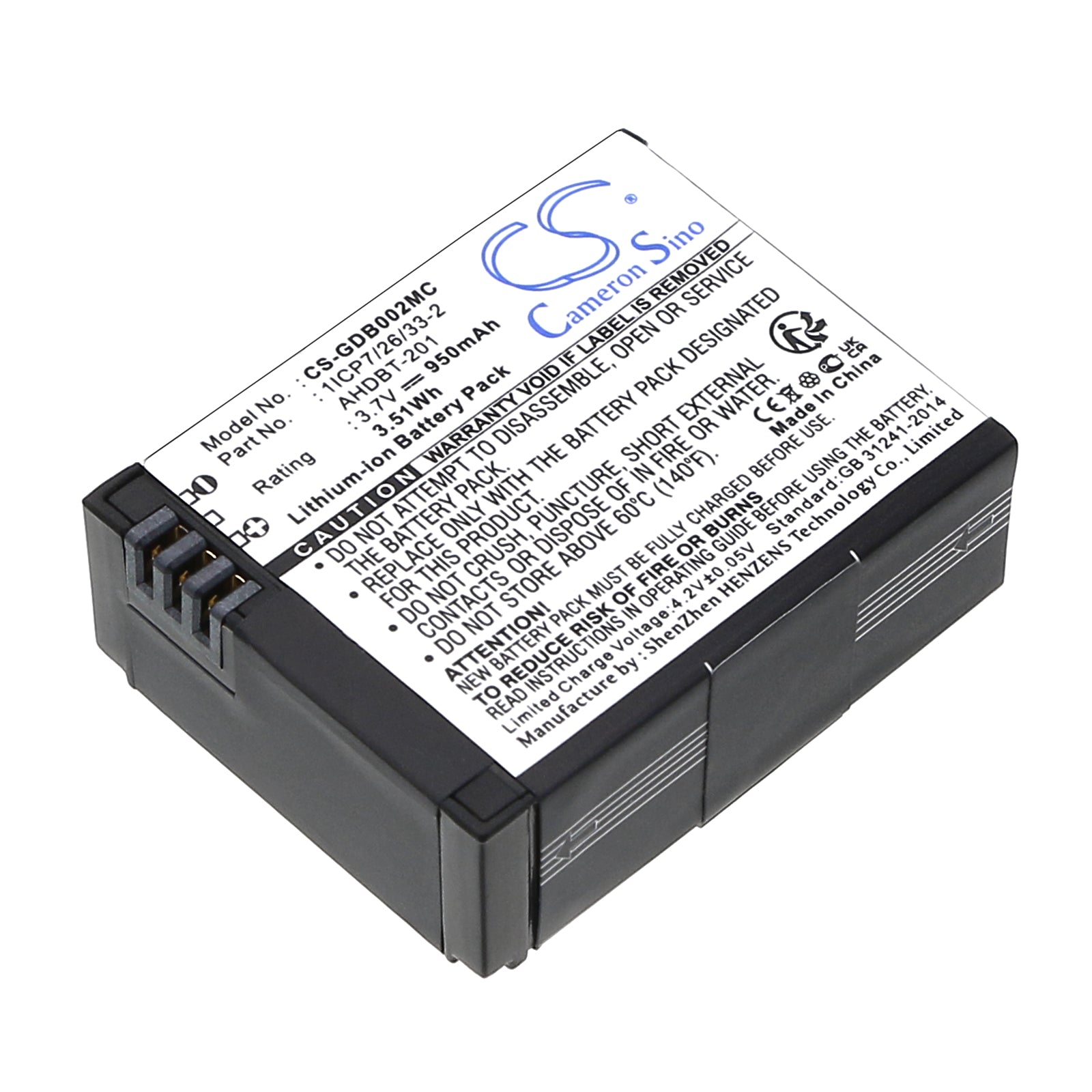950mAh Replacement Battery for GoPro Hero3/3+/Rollei 420 Action & Giroptic 360° Camera - 3.7V Li-ion