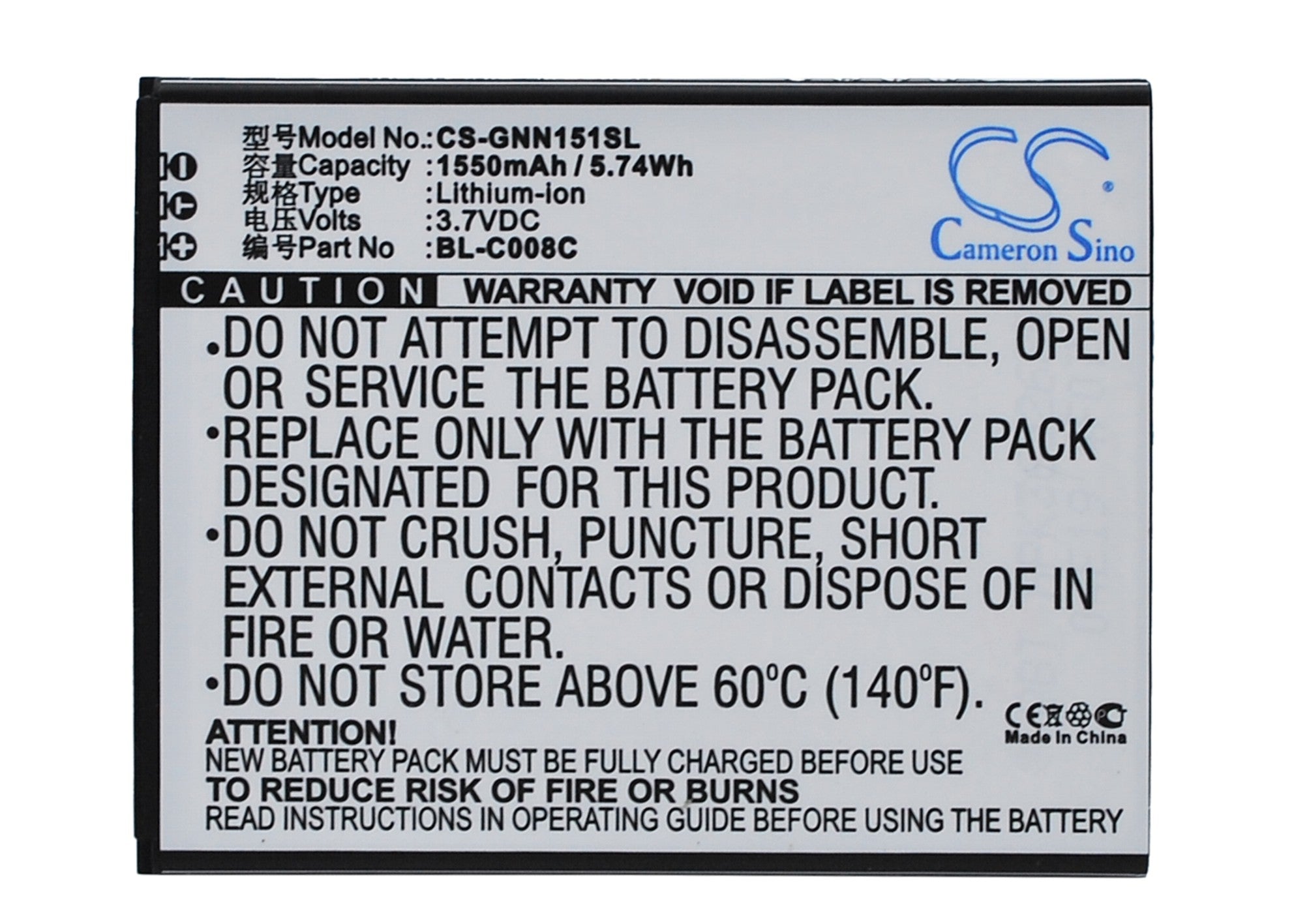GIONEE GN151 Battery: 1550mAh, 3.7V Li-ion Replacement - BL-C008C Compatible Smartphone Battery