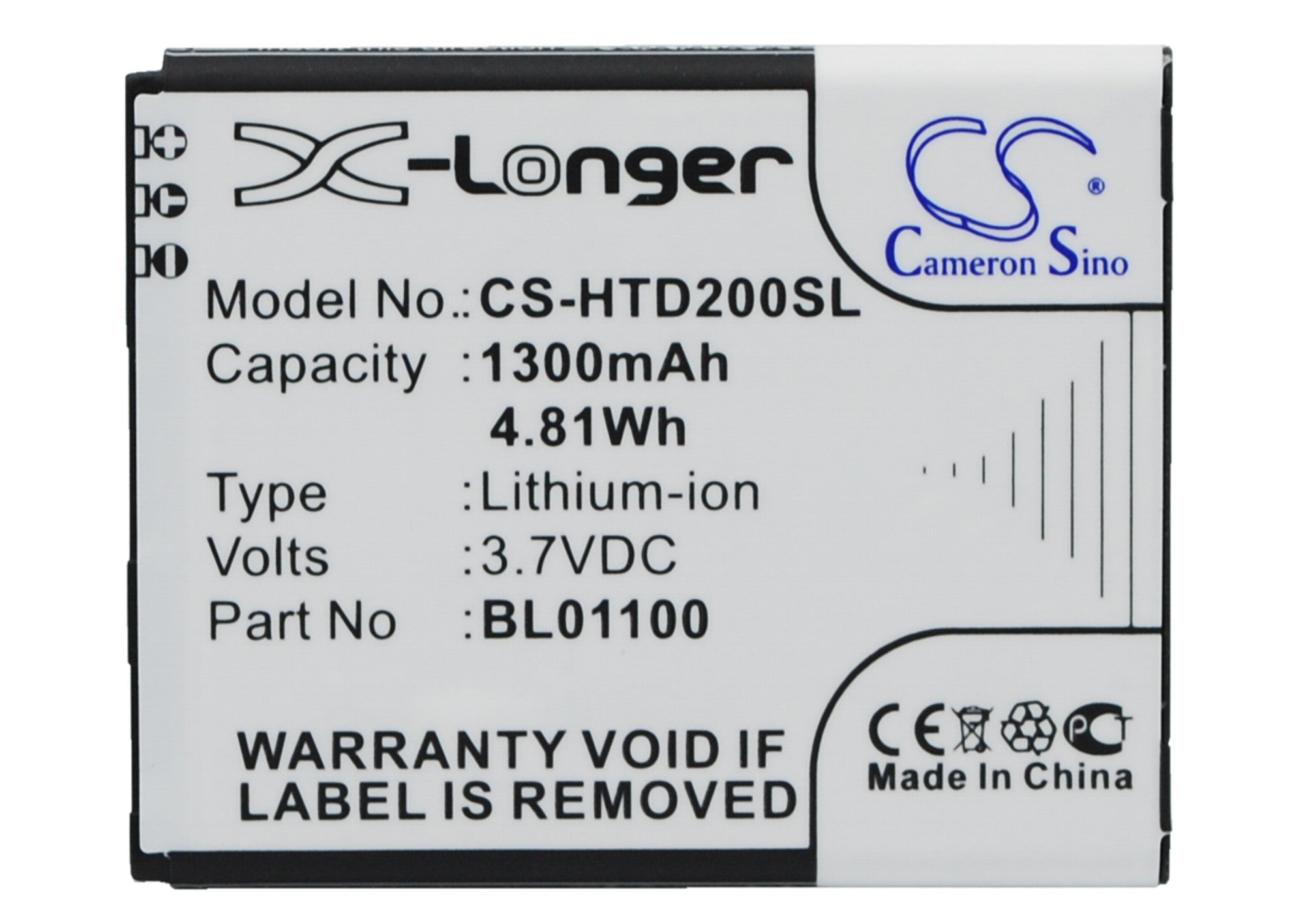 HTC Desire C Replacement Battery: 1300mAh Li-ion 3.7V, Golf A320E G2 Compatible - 53.2x42.9x4.7mm
