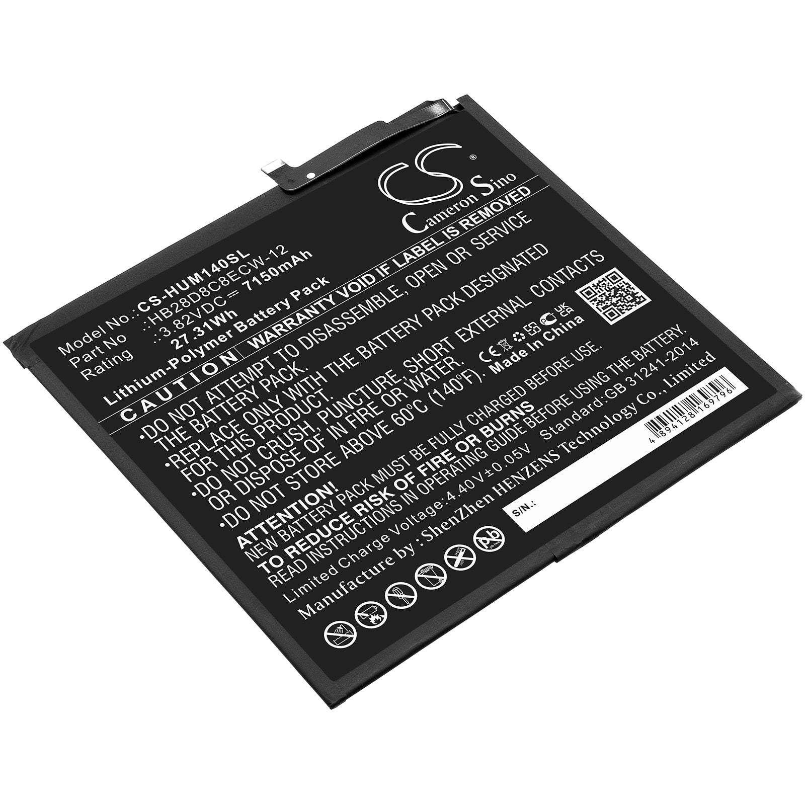 7150mAh Replacement Battery for Huawei MatePad 10.4 (2020) BAH3-W09/L09/AL00 Tablet, 3.82V, HB28D8C8ECW-12