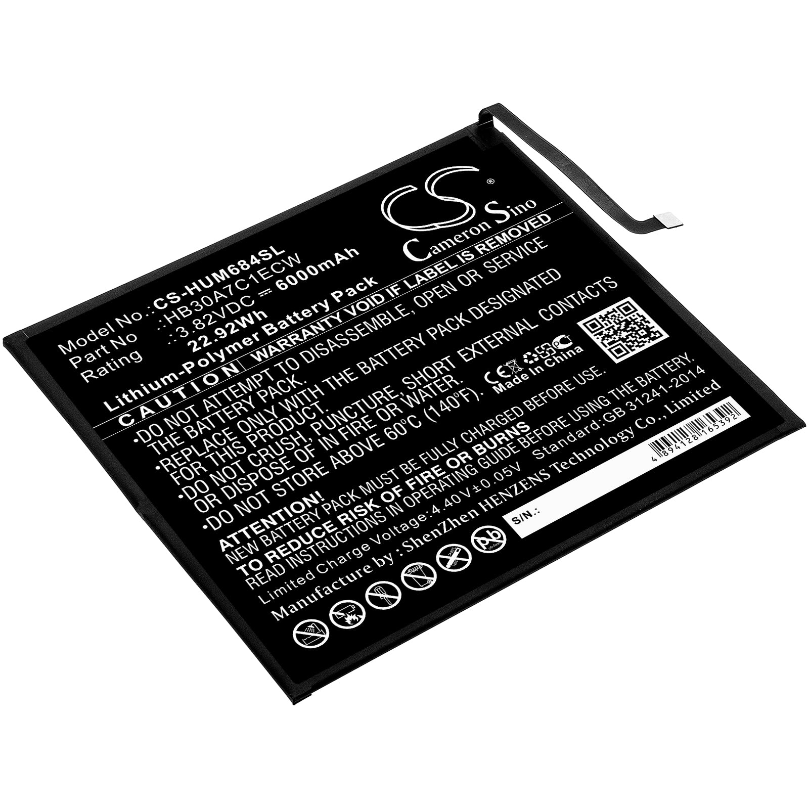 6000mAh Replacement Battery for Huawei MediaPad M6 8.4" VRD-AL09/VRD-W09 Tablet - 3.82V Li-Polymer, HB30A7C1ECW