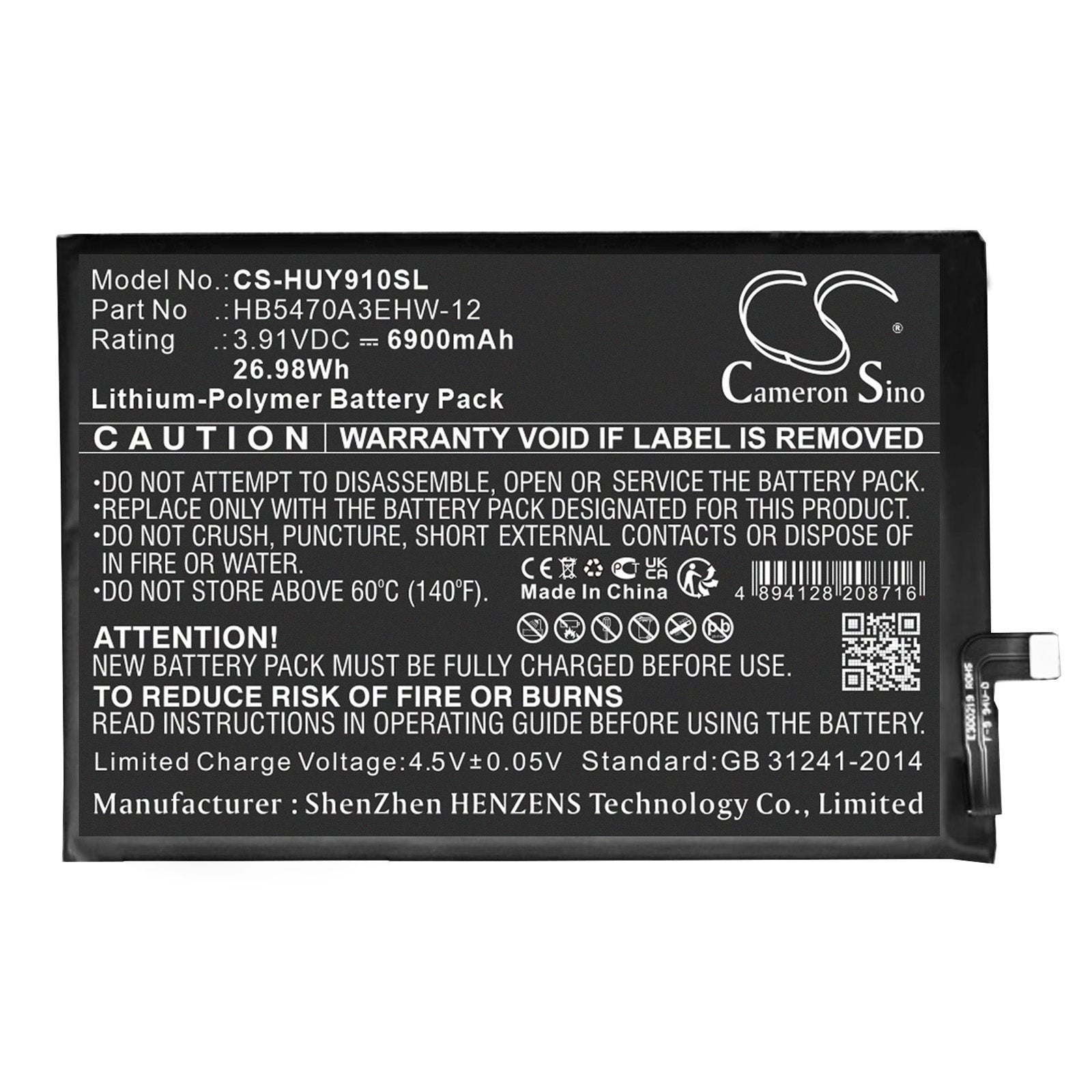 Huawei Nova Y91 Battery: 6900mAh, Enjoy 60X Compatible, STG-LX1, HB5470A3EHW-12, Li-Polymer Replacement