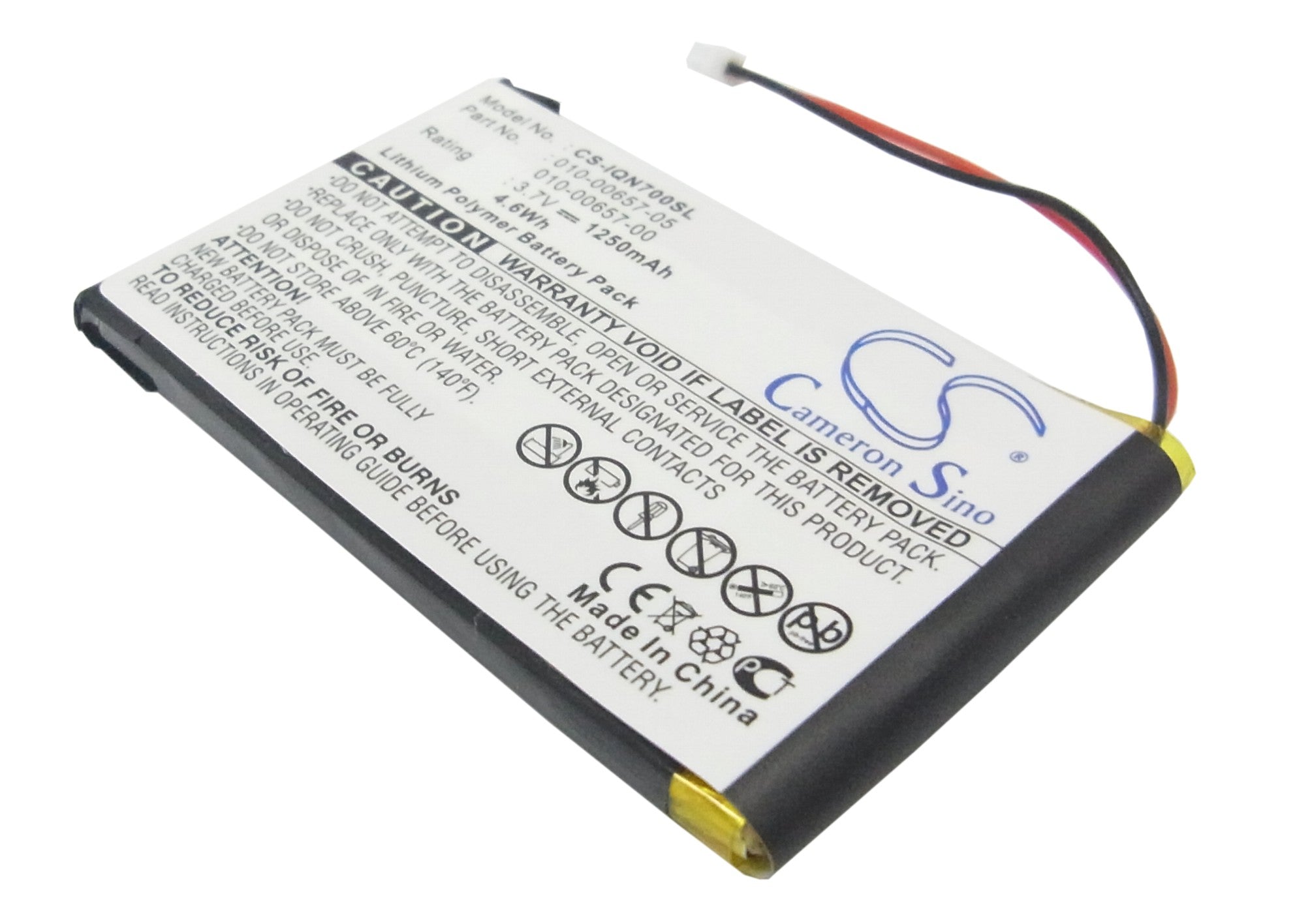 1250mAh Replacement Battery for Garmin Nuvi 700 GPS Navigator - 3.7V Li-Polymer, 2-Wire Connection