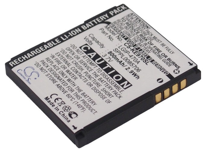 800mAh Li-ion Replacement Battery for LG KE970 Shine, KF600 Muziq, KG70 - LGIP-470A 3.7V Power