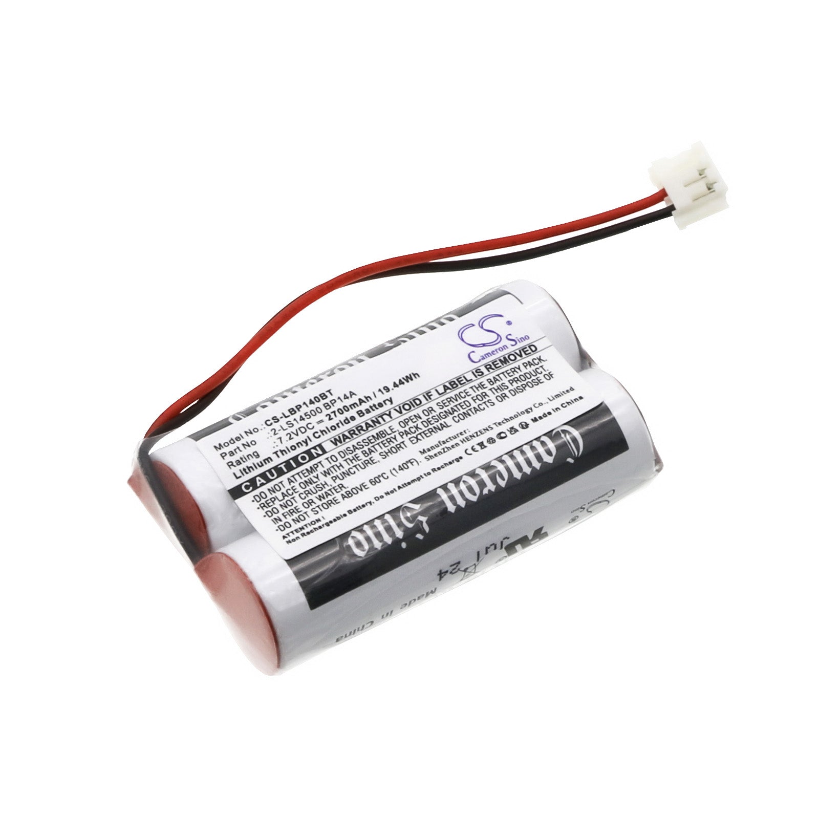 7.2V 2700mAh Li-SOCl2 Battery - Replacement for Cesar/Alcose Label Alarm System - 2xLS14500, BP14A, 3202111-04