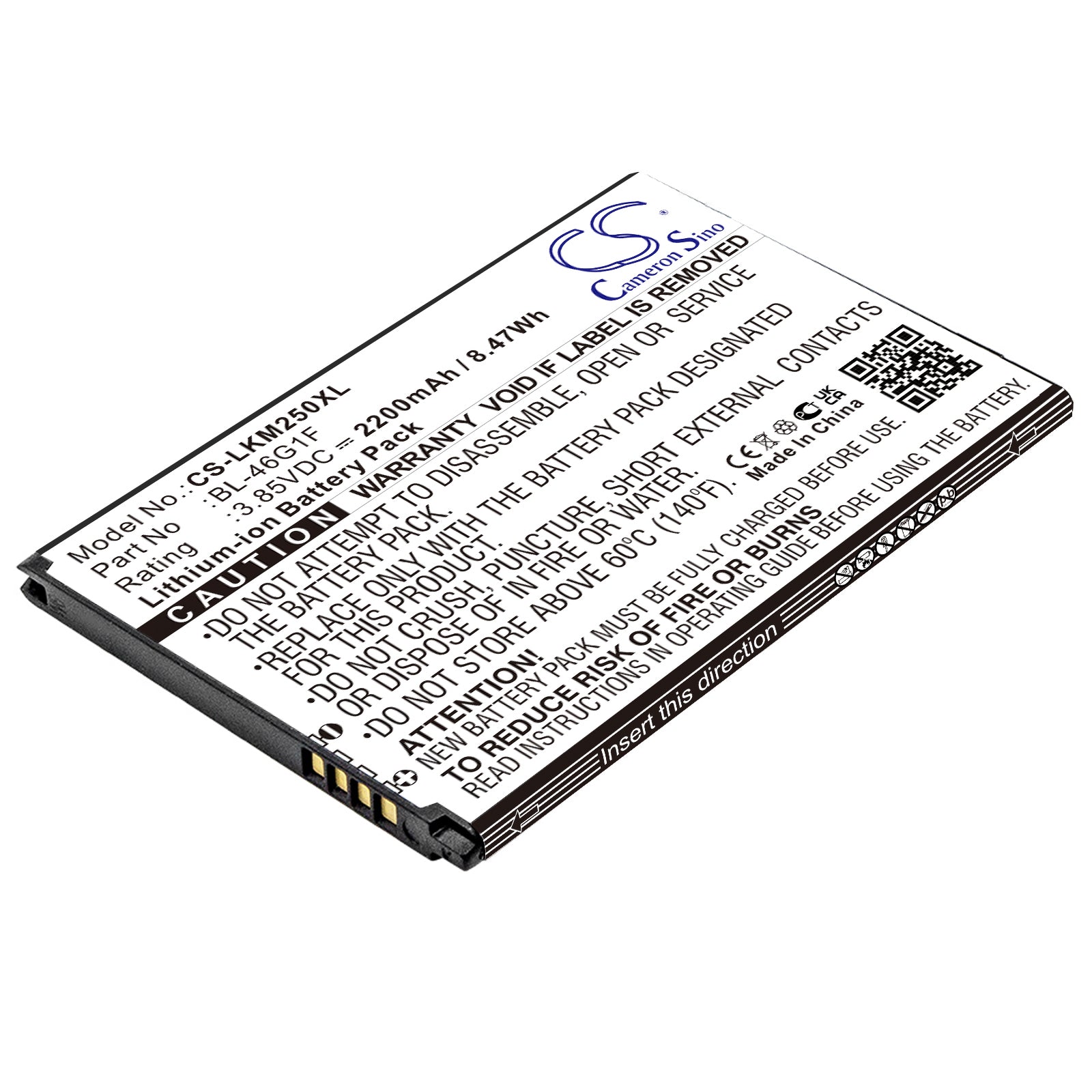 2200mAh Replacement Battery for LG K10 2017, K20 Plus, X400 (BL-46G1F) - 3.85V Lithium-ion Battery