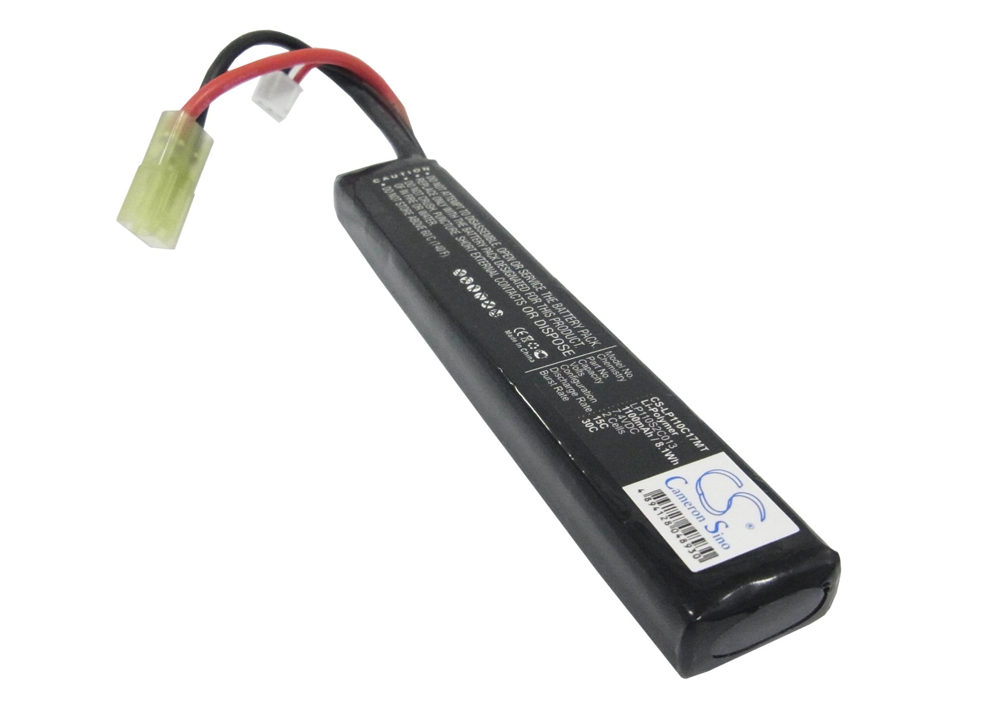 7.4V 1100mAh LiPo Airsoft Battery - Stick Type, CS-LP110C17MT, 20C Discharge, Compact Size (124x21x11mm)