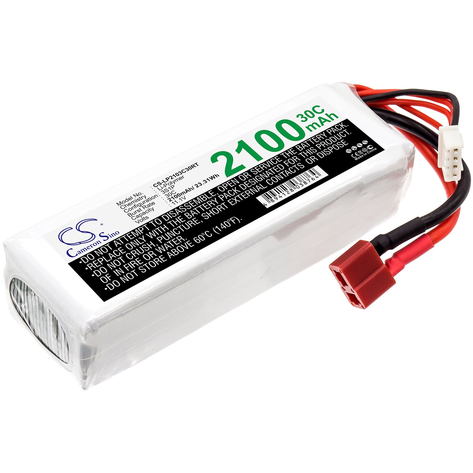 2100mAh 11.1V 3S LiPo Battery Pack for RC Helicopter & Airplane - 30C Continuous, 104x35x24mm