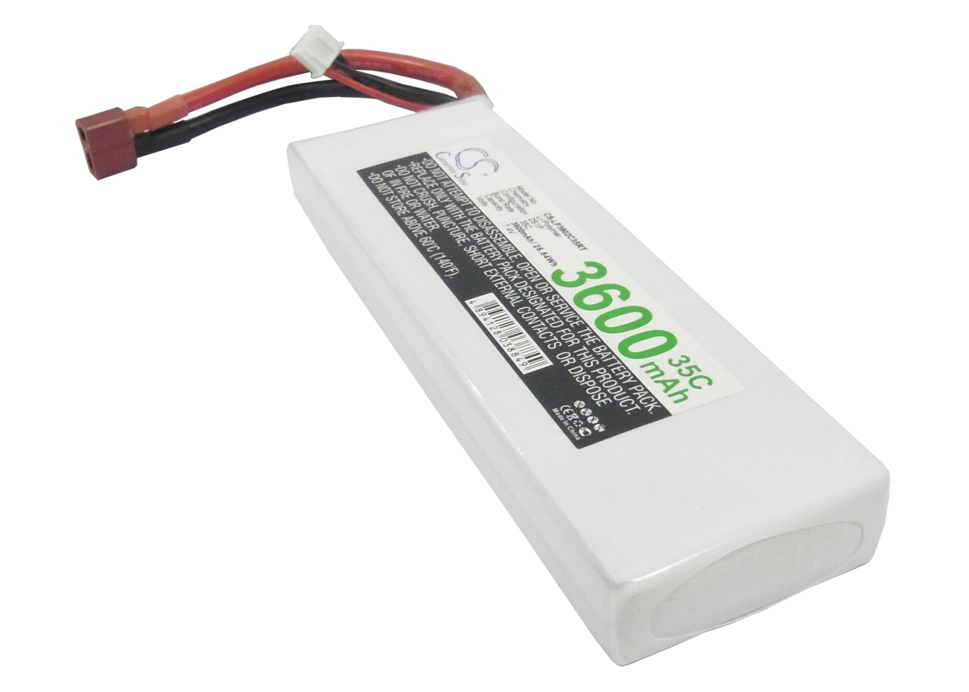 7.4V 3600mAh LiPo Battery for RC Tanks: CS-LP3602C35RT, 135.98x42.35x16.74mm, 26.64Wh Power