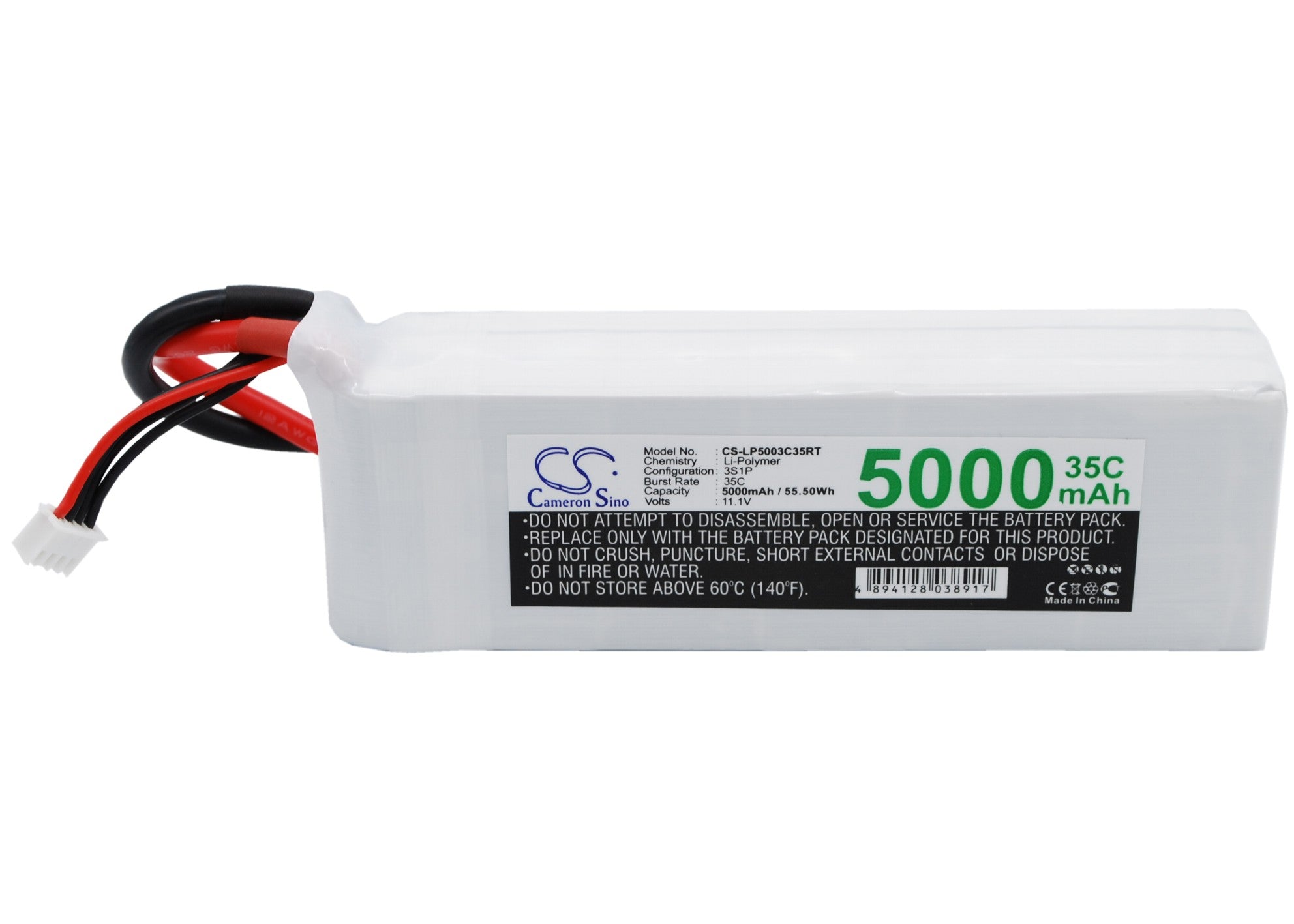 11.1V 5000mAh LiPo Battery for RC Robot, 55.5Wh, 35C Discharge, 136x42x29mm, CS-LP5003C35RTR