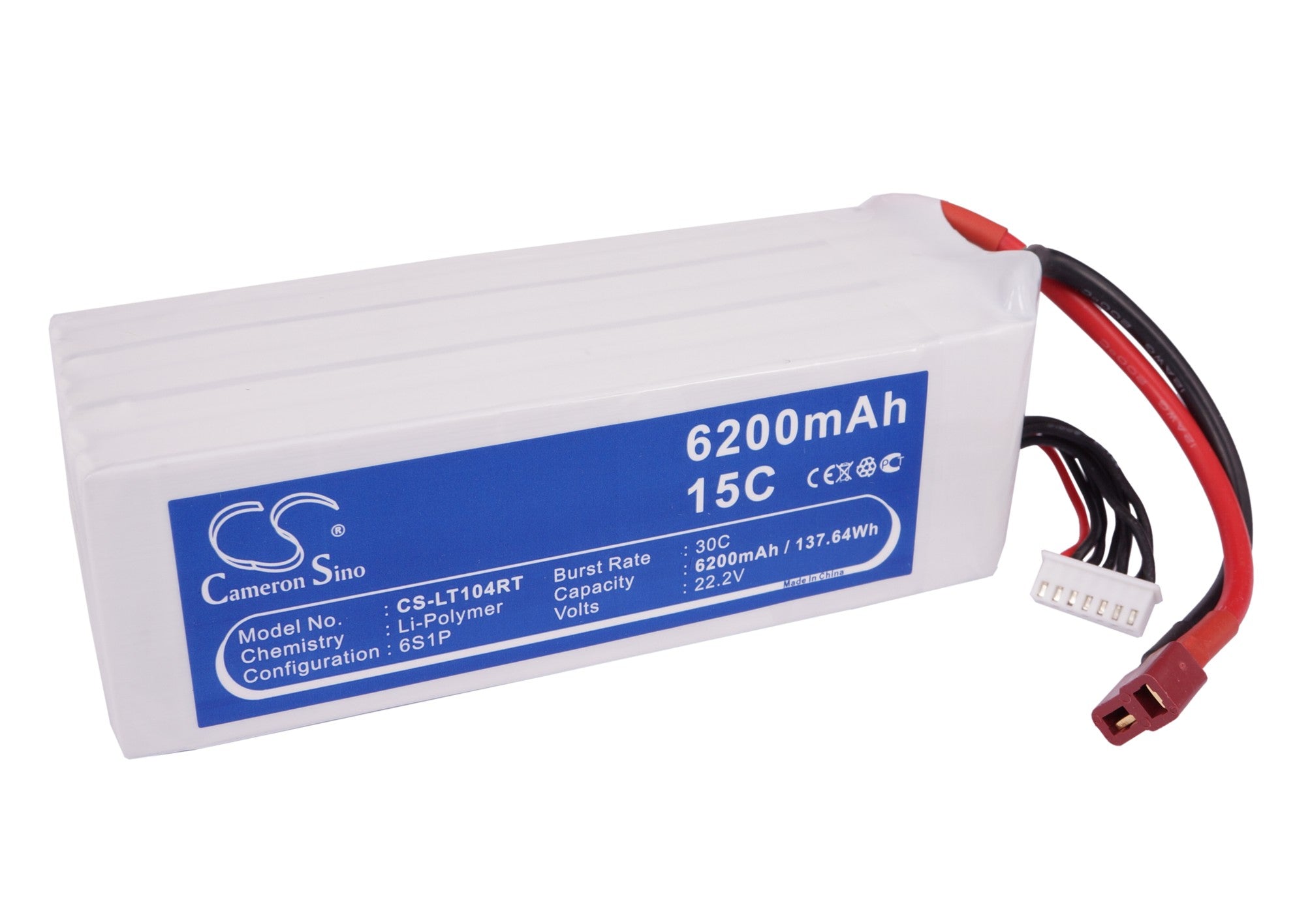 6200mAh 6S 22.2V 190C LiPo Battery - High Performance RC Car Power - 137.64Wh, 148x46x64.5mm
