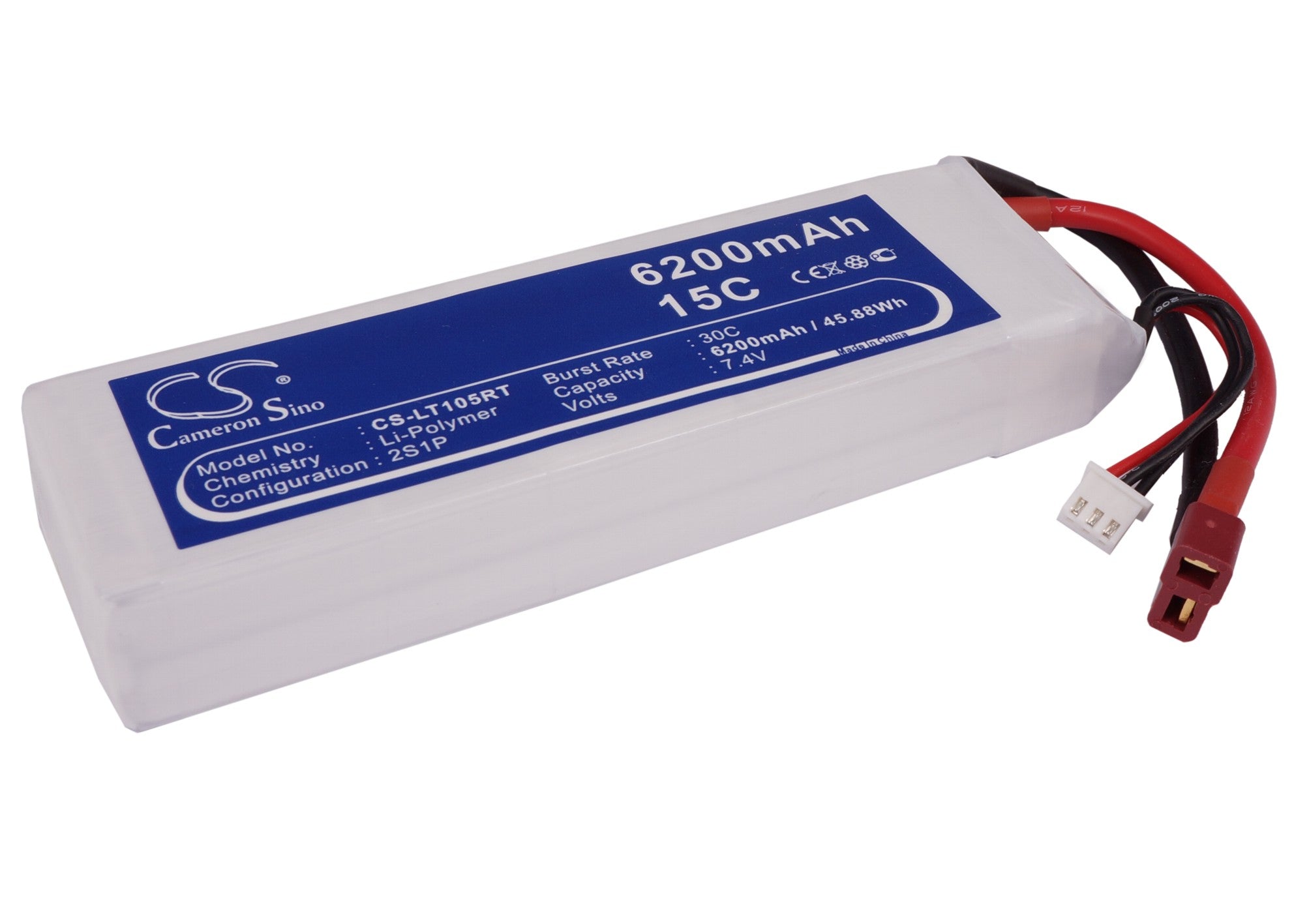 7.4V 6200mAh LiPo Battery Pack for CS-LT105RT RC Car - High Performance, 45.88Wh, 148x46x24mm