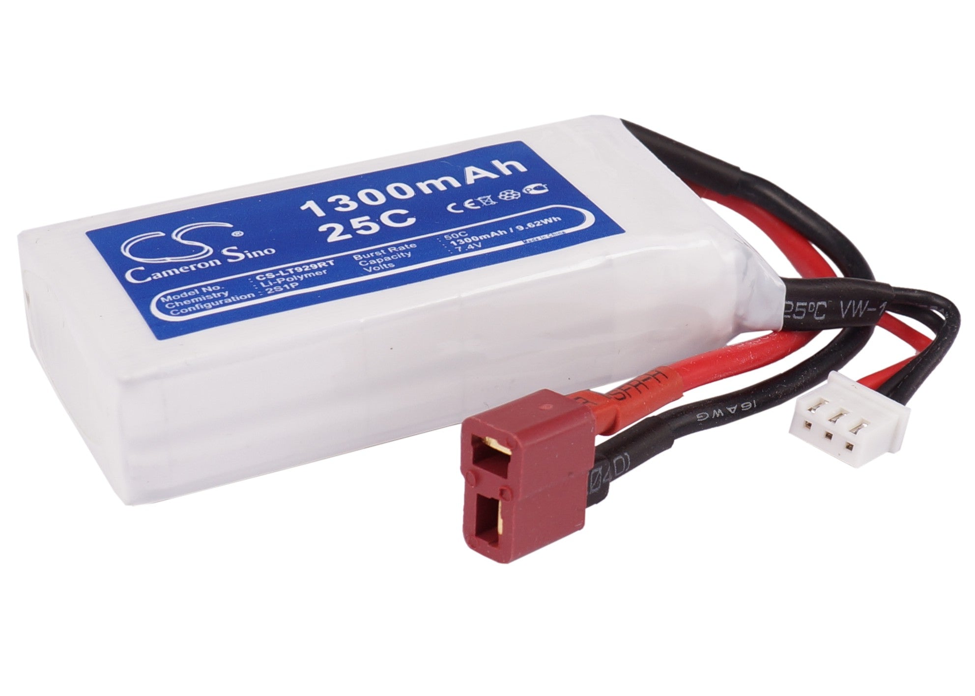 7.4V 1300mAh LiPo Battery for RC Cars - CS-LT929RT - Compact 72.88x38.55x16.22mm Size, 9.62Wh Power