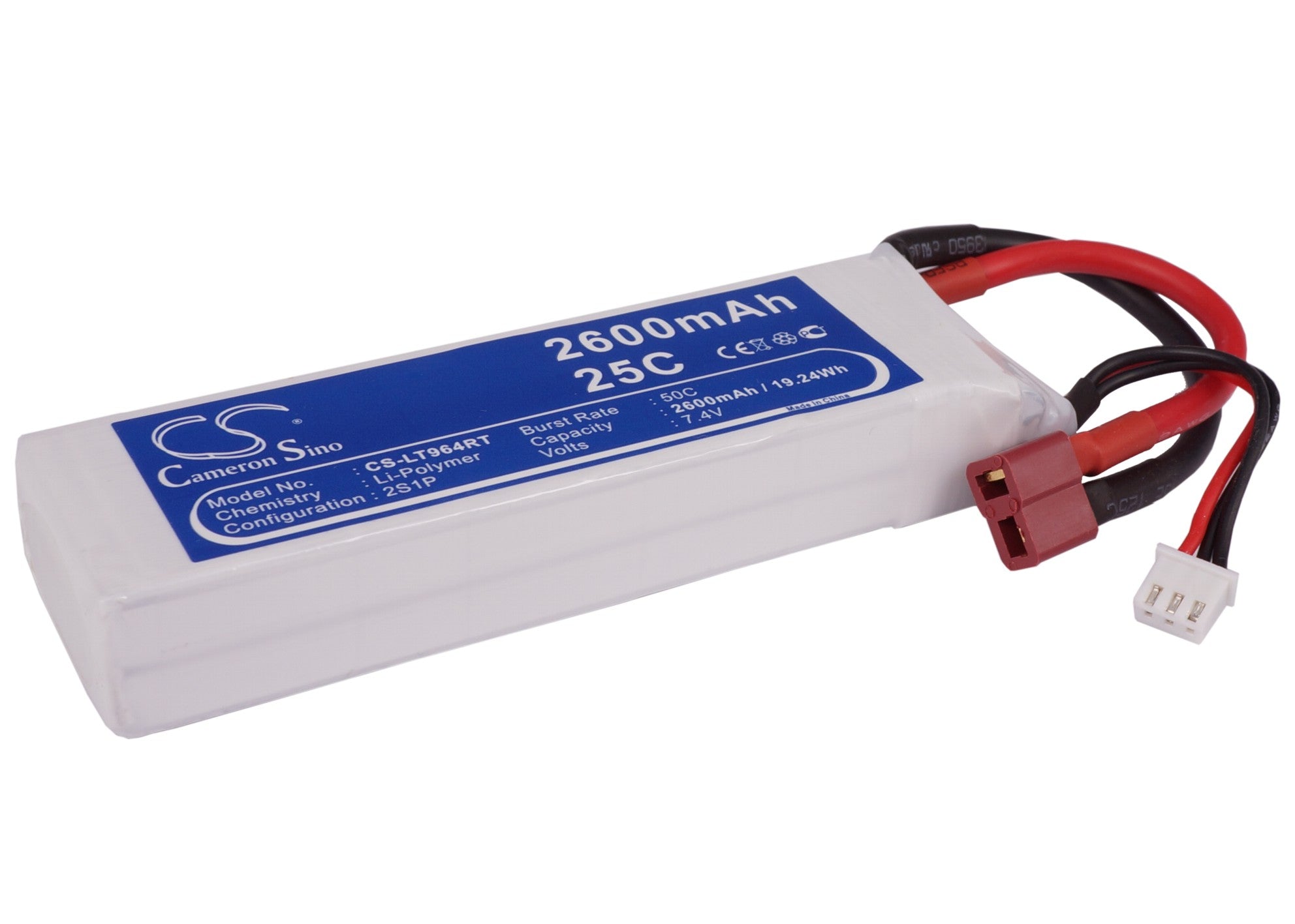 7. 4V 2600mAh LiPo Battery RC Car Pack CS-LT964RT (120x35.5x20.5mm) - High Performance Power