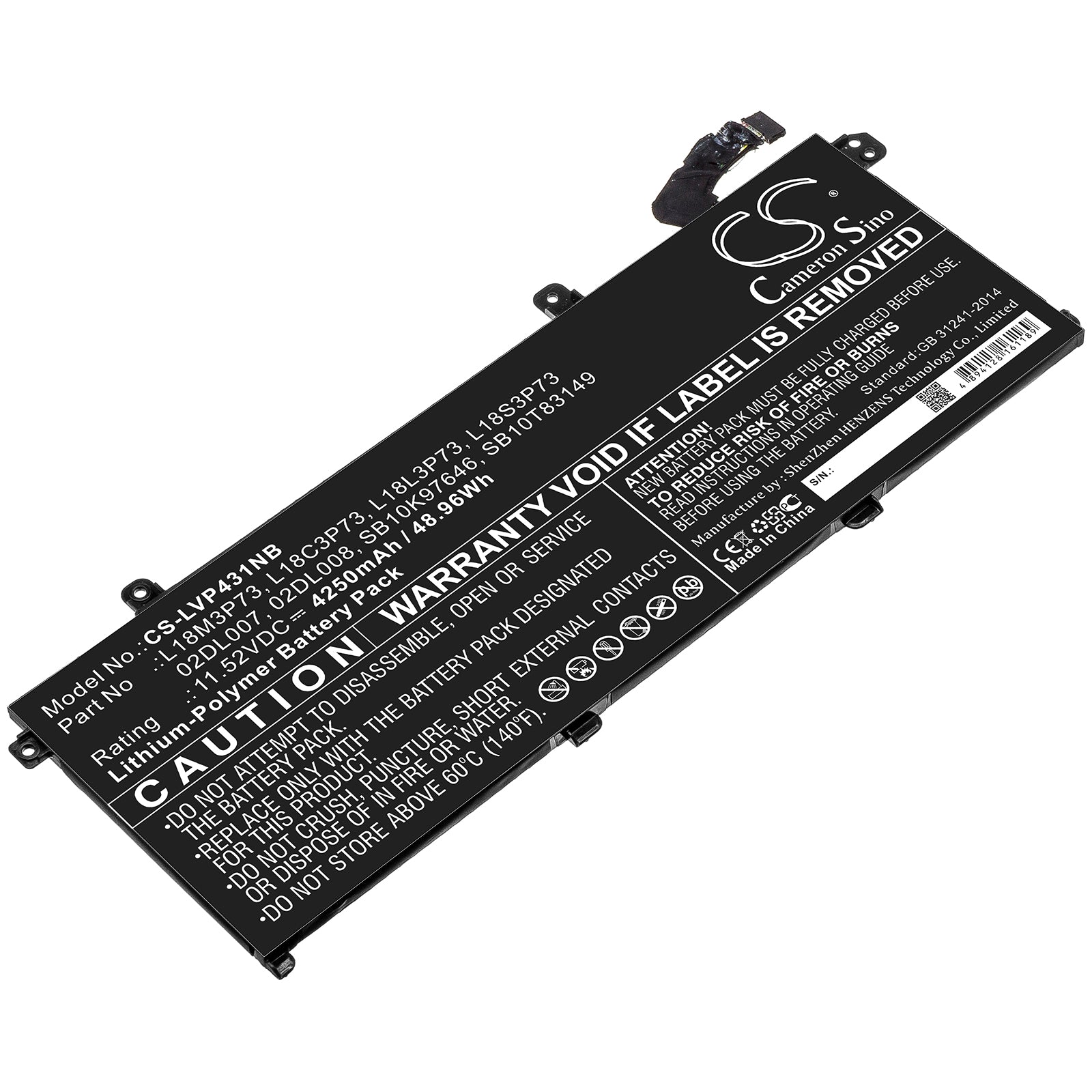 "4250mAh Lenovo ThinkPad T490 T495 P43s Laptop Battery - 11.52V 48.96Wh Li-Polymer Replacement"