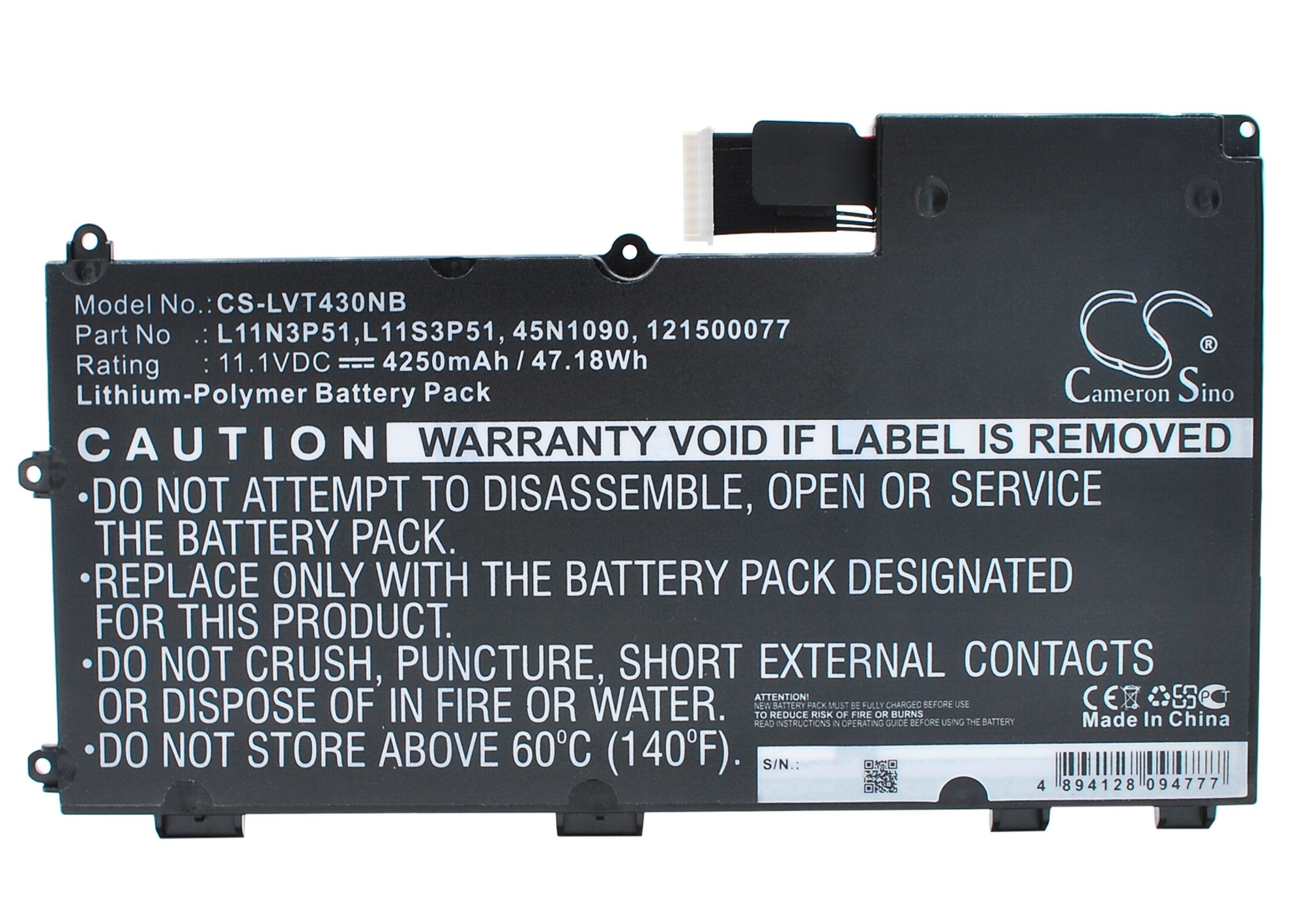 4250mAh Replacement Battery for Lenovo Thinkpad T430u Ultrabook - L11N3P51, 45N1090 - 11.1V Li-Polymer - Laptop Battery