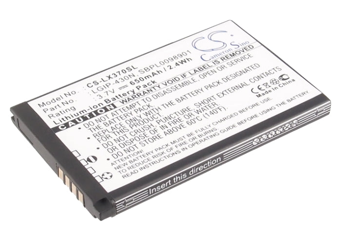 650mAh 3.7V Li-ion Replacement Battery for LG LX370 Slider, GS290 Cookie Fresh, T310 Phones