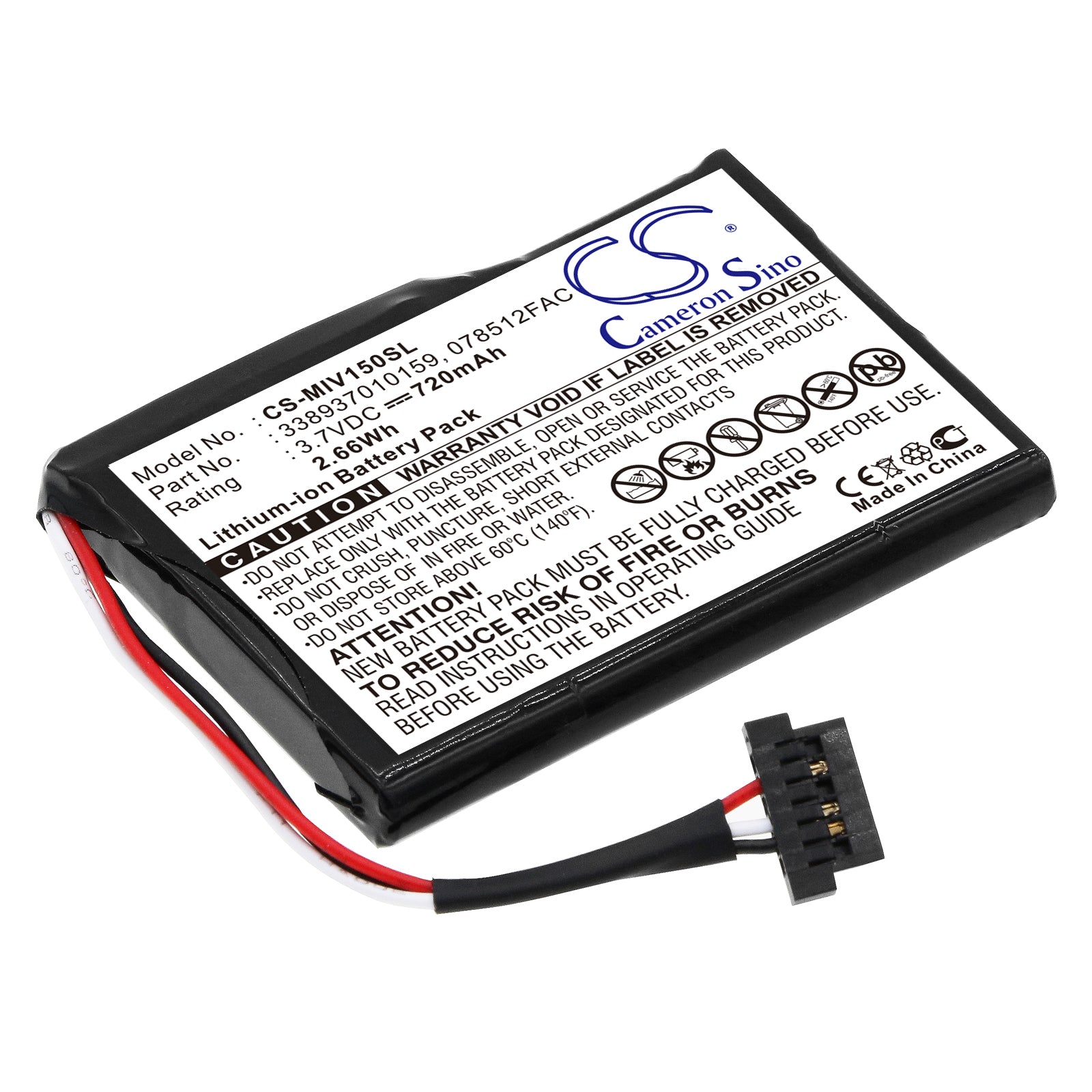 720mAh GPS Replacement Battery for Mitac Mio Moov 150 Navigator - 3.7V Li-ion, 50x35x6mm