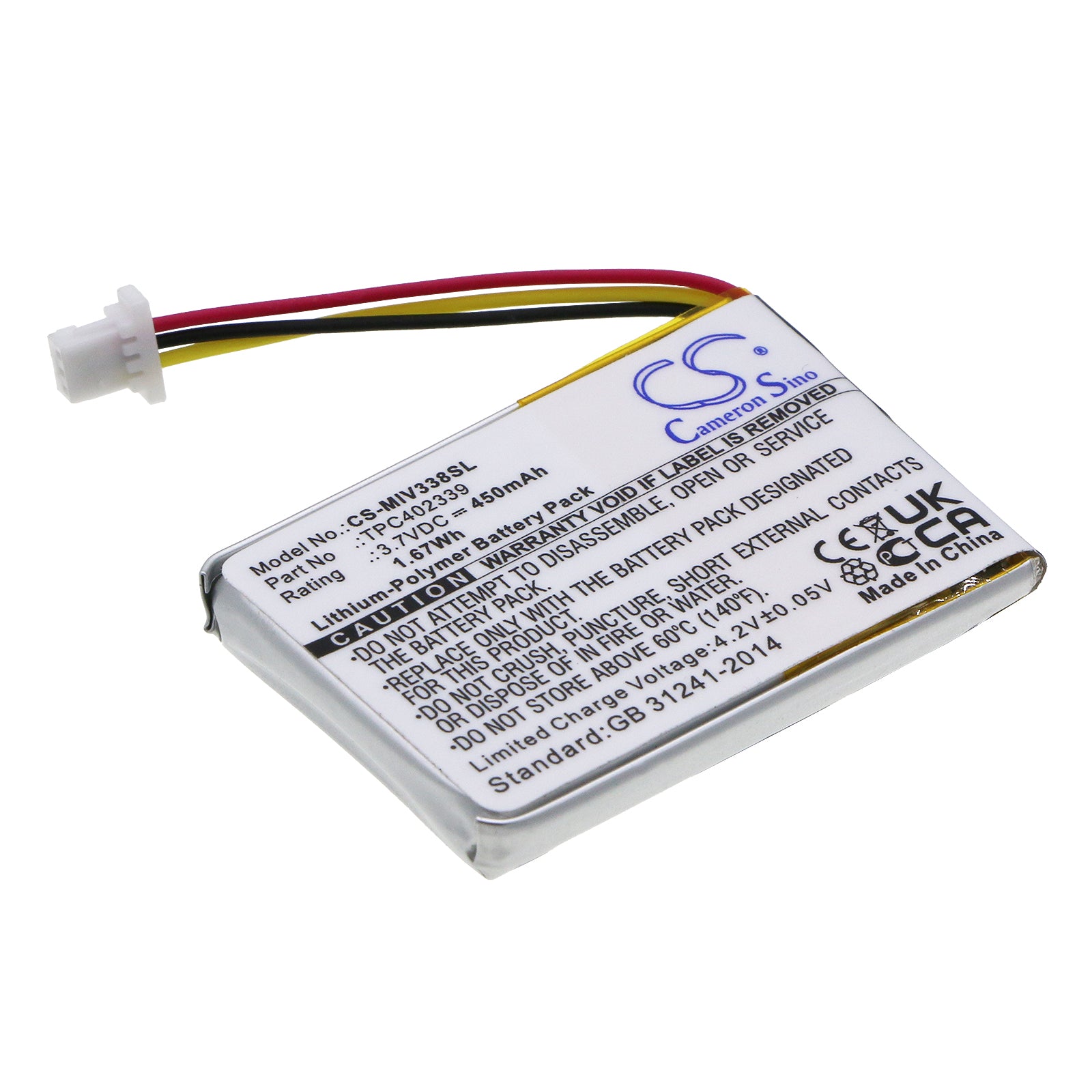 450mAh Li-Polymer Replacement Battery for Mio MiVue 338, 366, 368, 388, 358P, 658p Dash Cams - 3.7V 1.67Wh