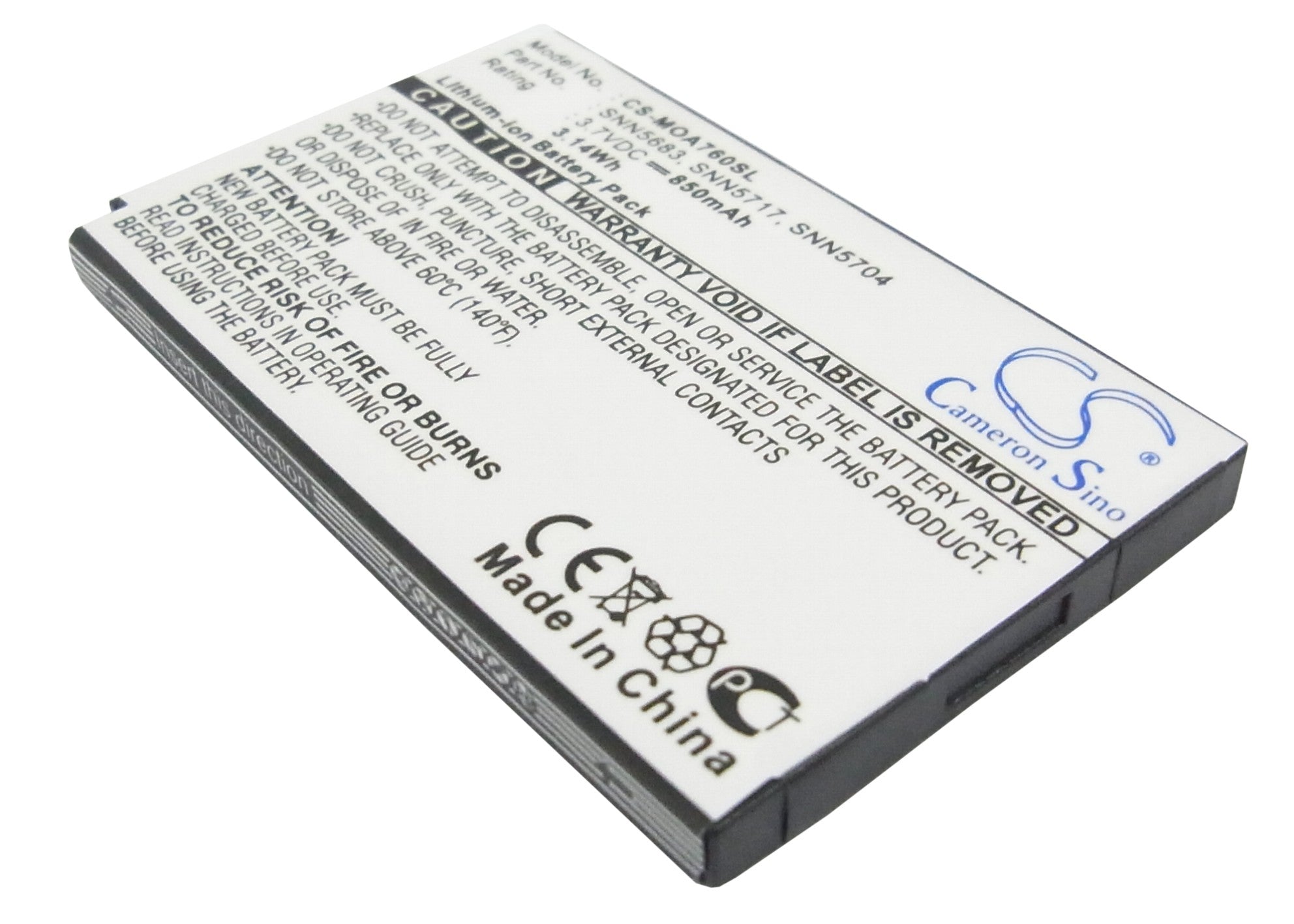 850mAh Li-ion Replacement Battery for Motorola A760 V300 V500 V600 - 3.7V, SNN5683A/SNN5717
