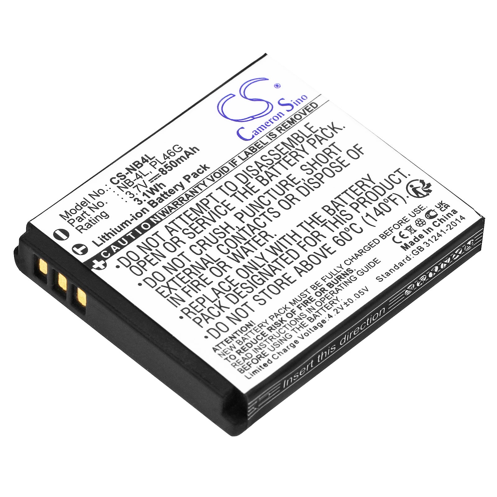850mAh Li-ion Replacement Battery for Canon Digital IXUS & PowerShot Cameras (3.7V, 3.1Wh)