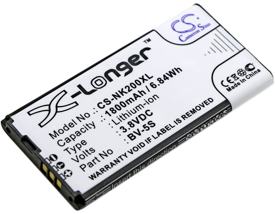 1800mAh Replacement Battery for Nokia X2, X2 Dual SIM, X2D, RM-1013 Smartphone - BV-5S, 3.8V Li-ion