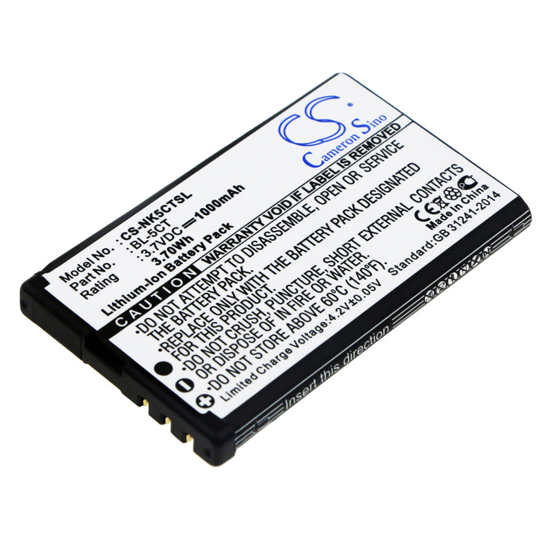 1000mAh Replacement Battery for Nokia 5220 XpressMusic, 6303, C5, 6730 - BL-5CT Li-ion 3.7V