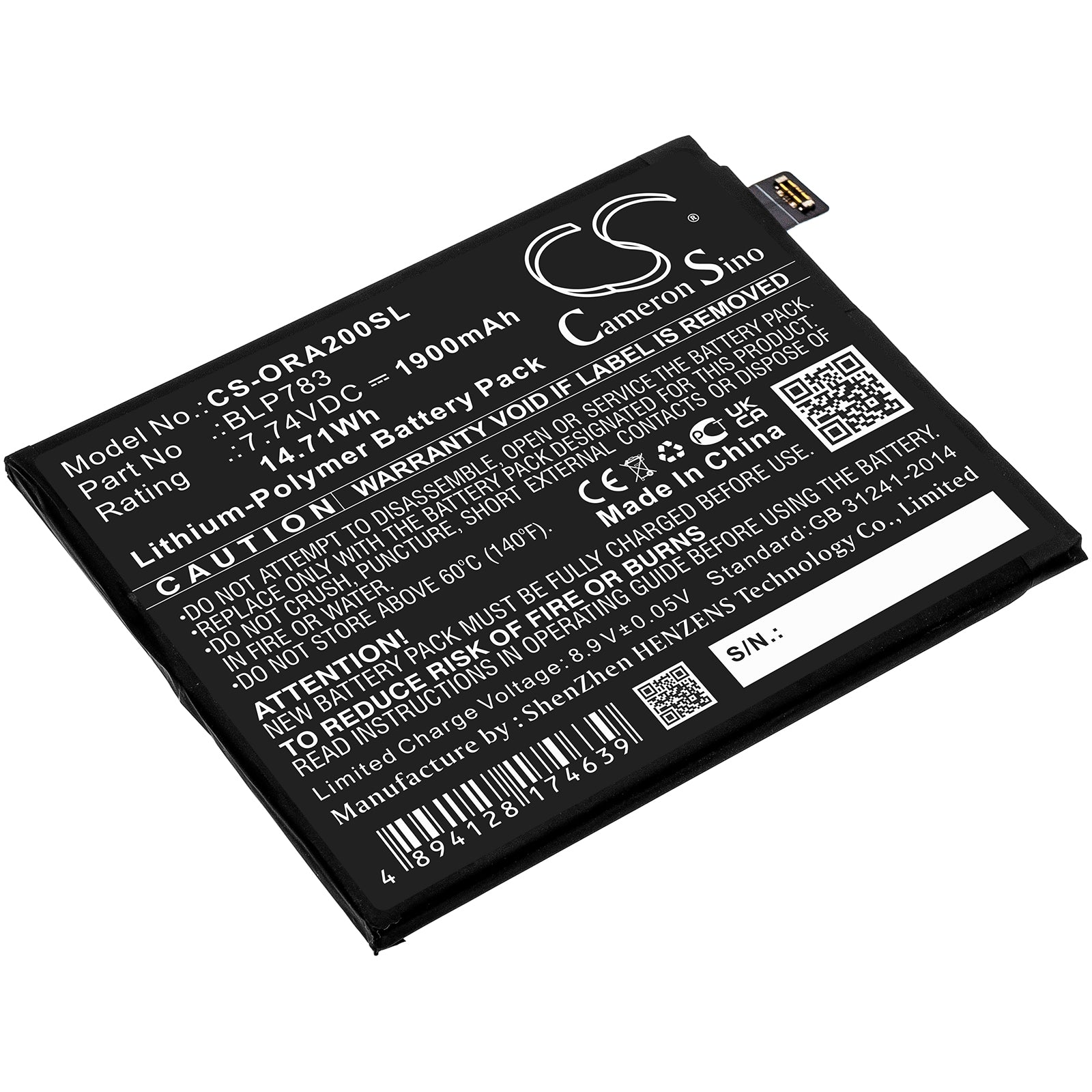 1900mAh Replacement Battery for OPPO Reno Ace2 & Ace2 2020 PDHM00 - BLP783, 7.74V 14.71Wh Li-Polymer