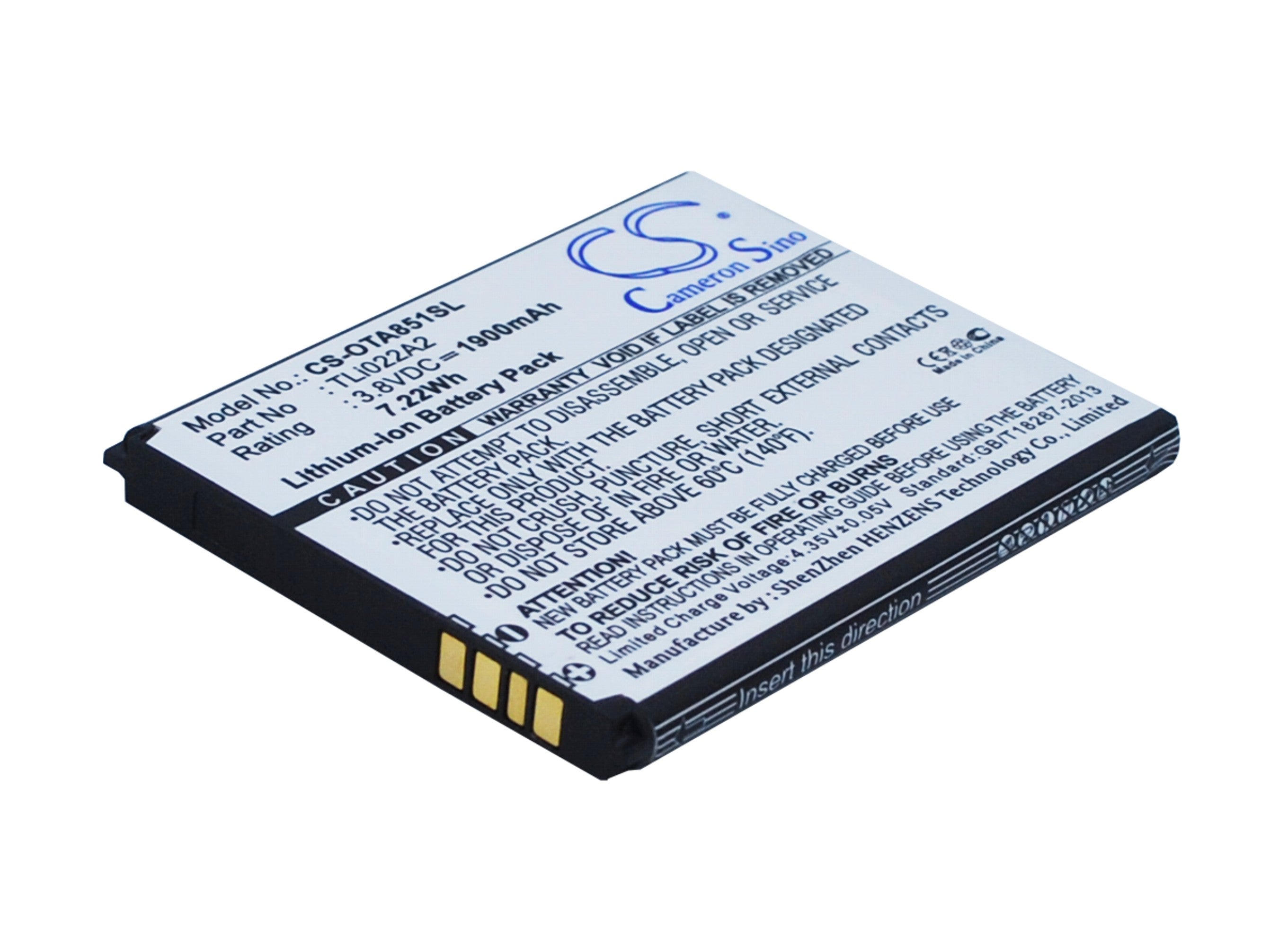 1900mAh Battery Replacement for Alcatel One Touch Sonic OT-A851L Smartphone - 3.8V Li-ion - Extended Life Internal Battery