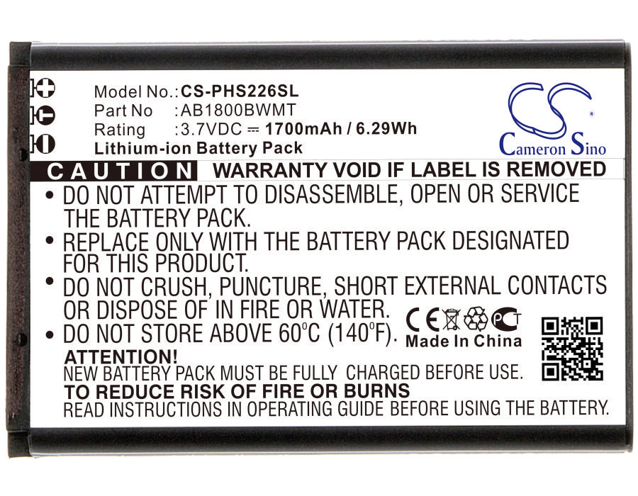 1700mAh Battery Replacement for Philips S226M, Xenium S226M - 3.7V Li-ion, AB1800BWMT, Smartphone Battery