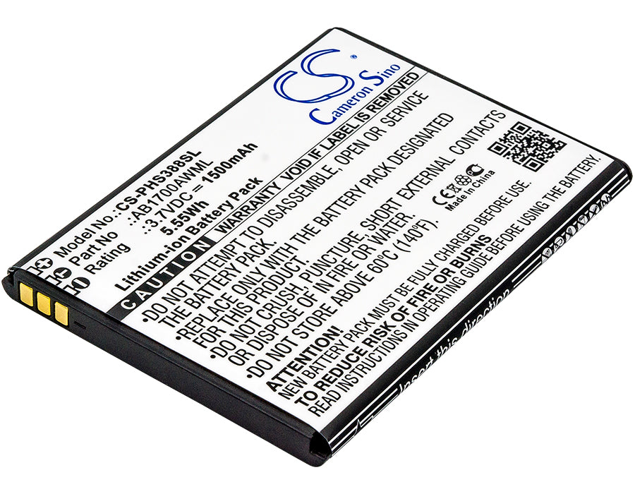 1500mAh Replacement Battery for Philips S388 CTS388 Smartphone - 3.7V Li-ion - High Capacity Power - AB1700AWML