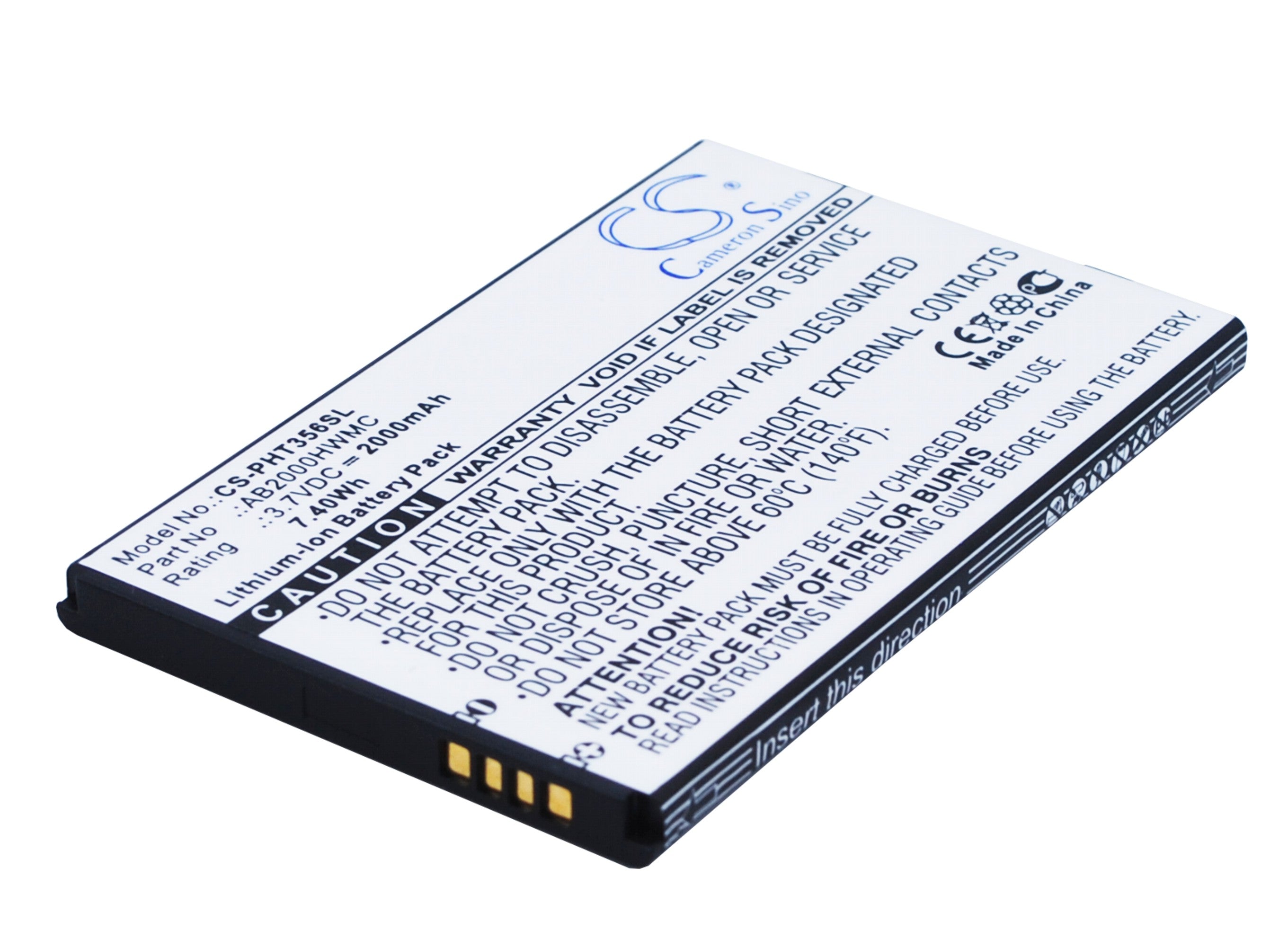 2000mAh Replacement Battery for Philips Xenium T3566, W3568 Smartphones - AB2000HWMC 3.7V Li-ion