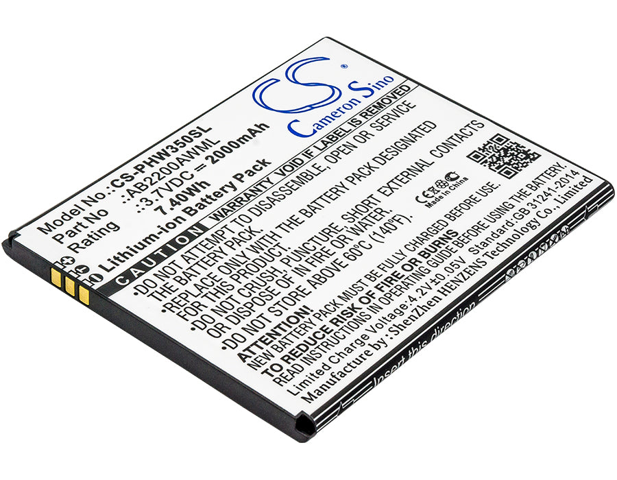 2000mAh Replacement Battery for Philips Xenium W3500 W3509 Smartphones - 3.7V Li-ion AB2200AWML