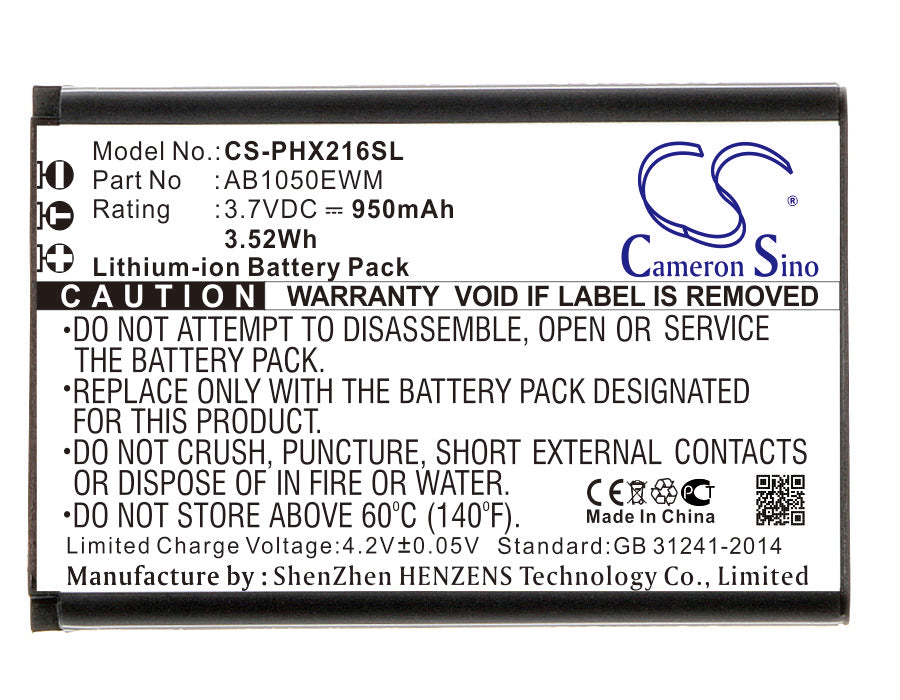 950mAh Replacement Battery for Philips Xenium X216 - 3.7V Li-ion Smartphone Battery, AB1050EWM Compatible