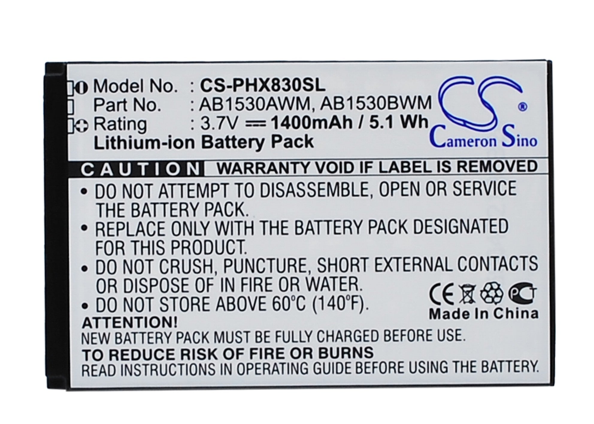 1400mAh 3.7V Li-ion Replacement Battery for Philips Xenium X806, X830, X630, X603, X809, X620, T910