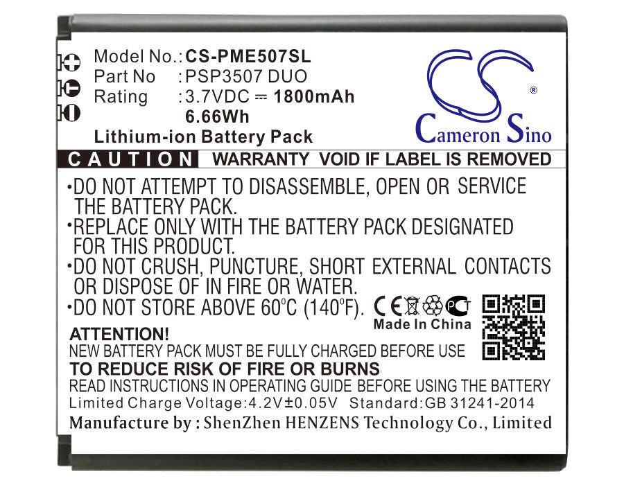 1800mAh Replacement Battery for Prestigio PSP3507 DUO Smartphone - 3.7V Lithium-Ion - Extended Life, Reliable Power