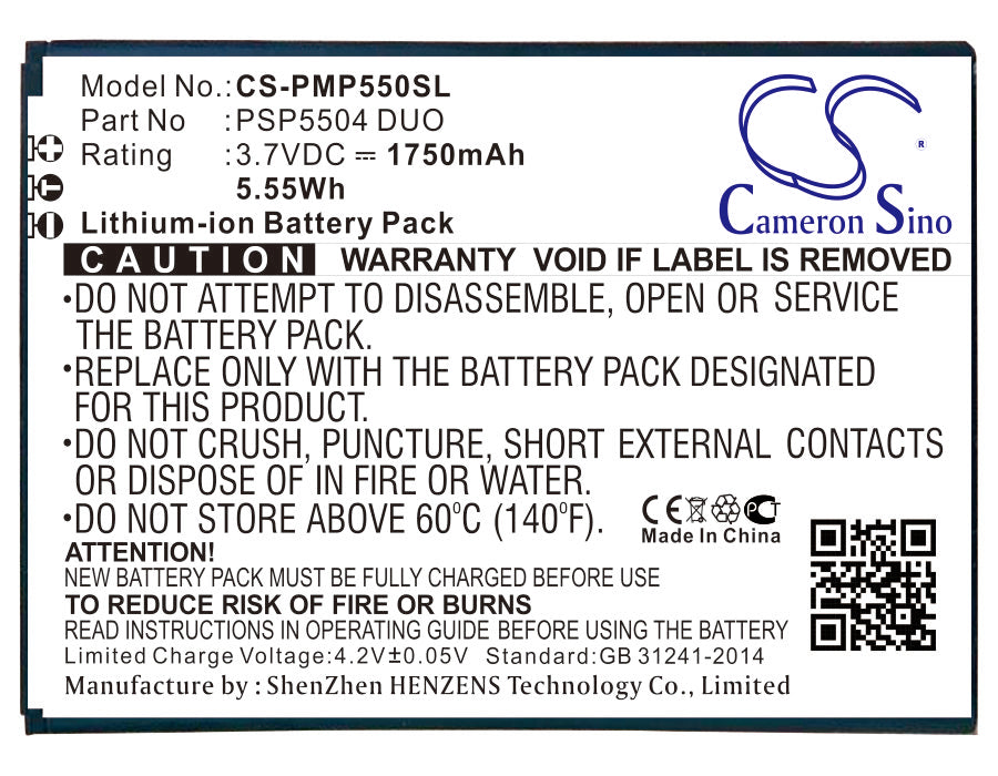 1750mAh Replacement Battery for Prestigio MultiPhone 5504 DUO & PSP5504 DUO Smartphone - 3.7V Li-ion