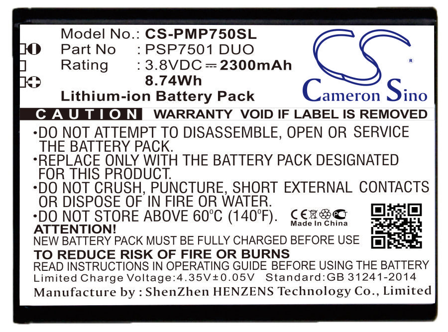 2300mAh 3.8V Li-ion Replacement Battery for Prestigio PSP7501 DUO Smartphone - 8.74Wh Power