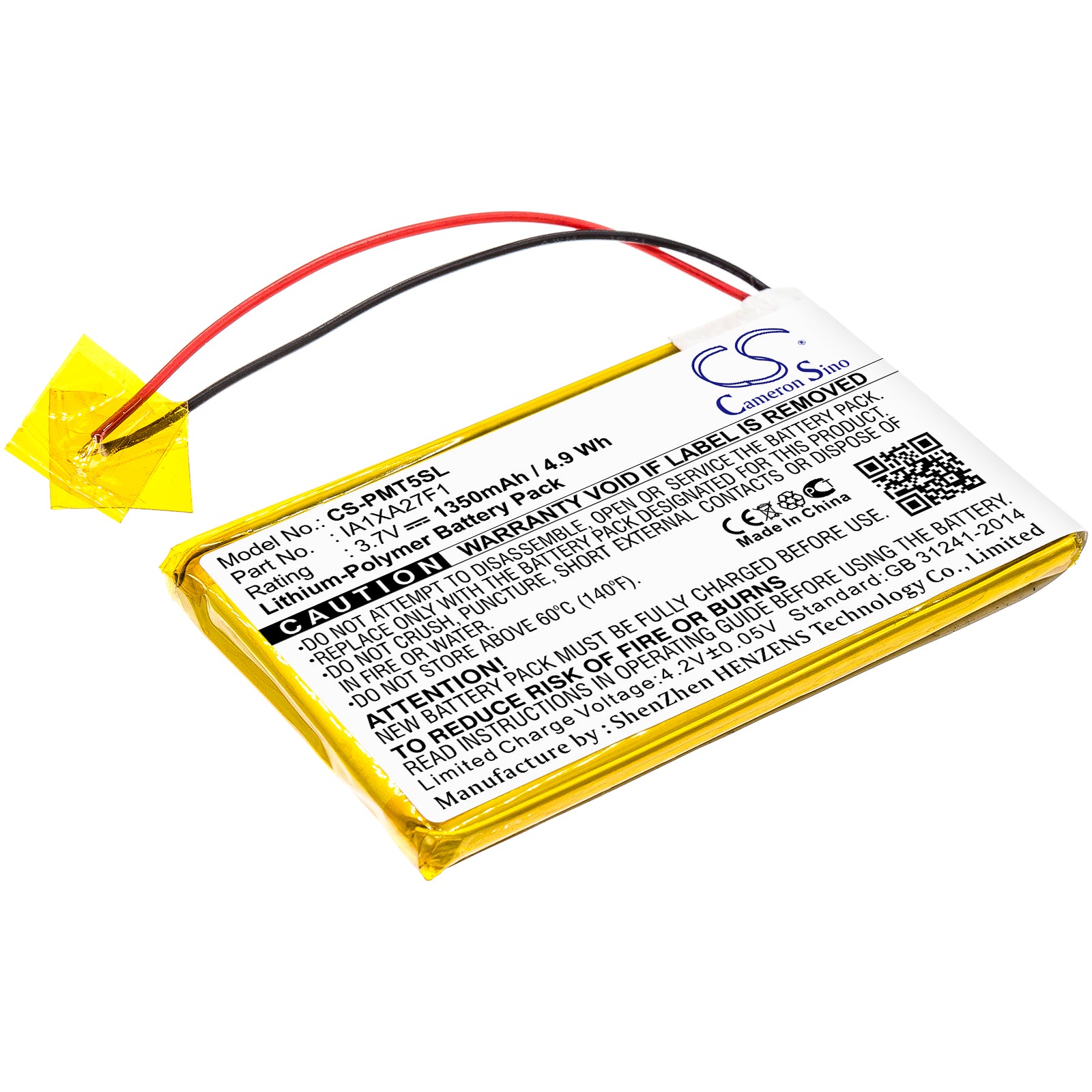 1350mAh Replacement Battery for Palm Tungsten T5 PDA, 3.7V Li-Polymer, Dimensions: 60.2x36.5x5.0mm, Model IA1XA27F1