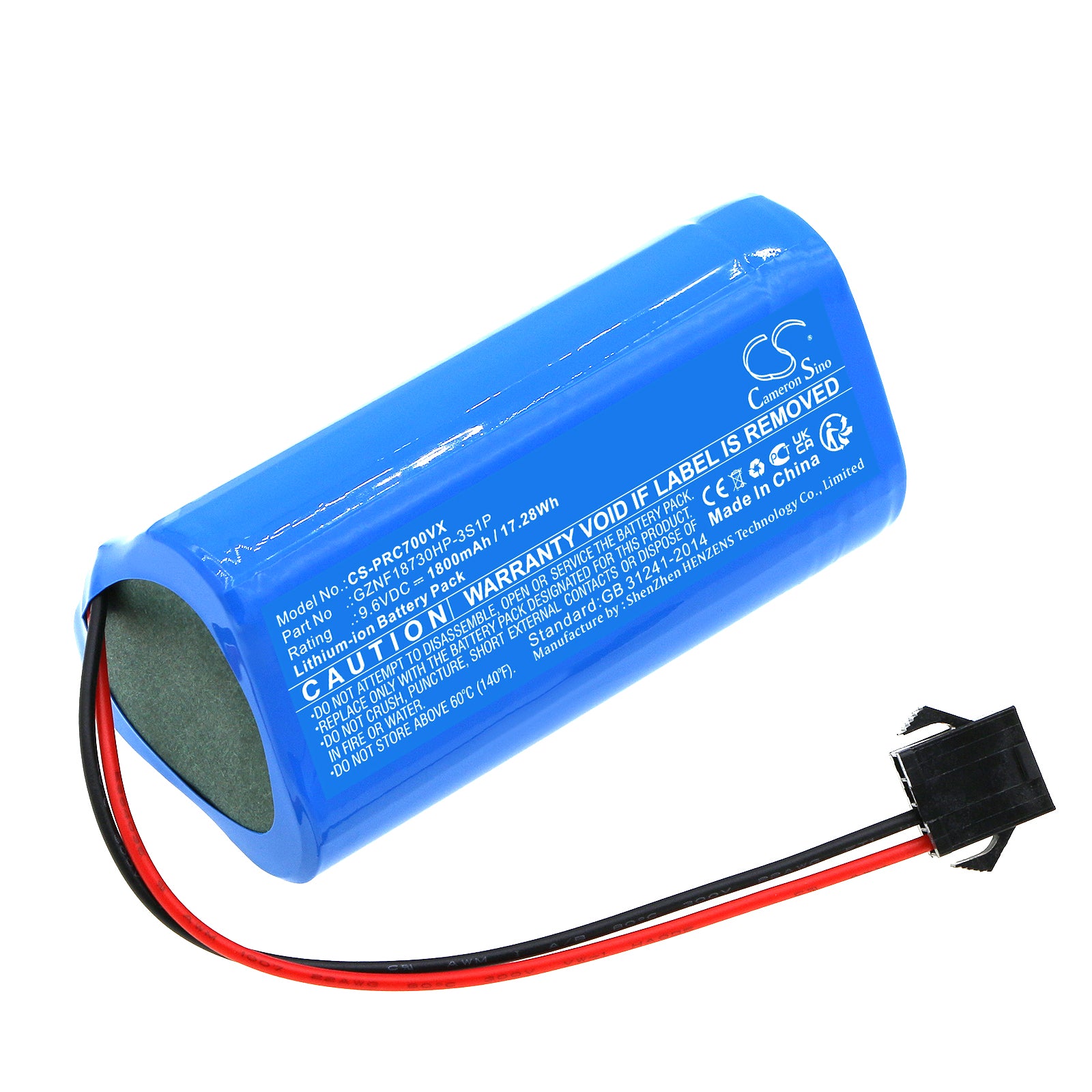 1800mAh 9.6V LiFePO4 Replacement Battery for Pure Clean PUCRCX70 Robot Vacuum Cleaner, 75x36.8x35mm Dimensions