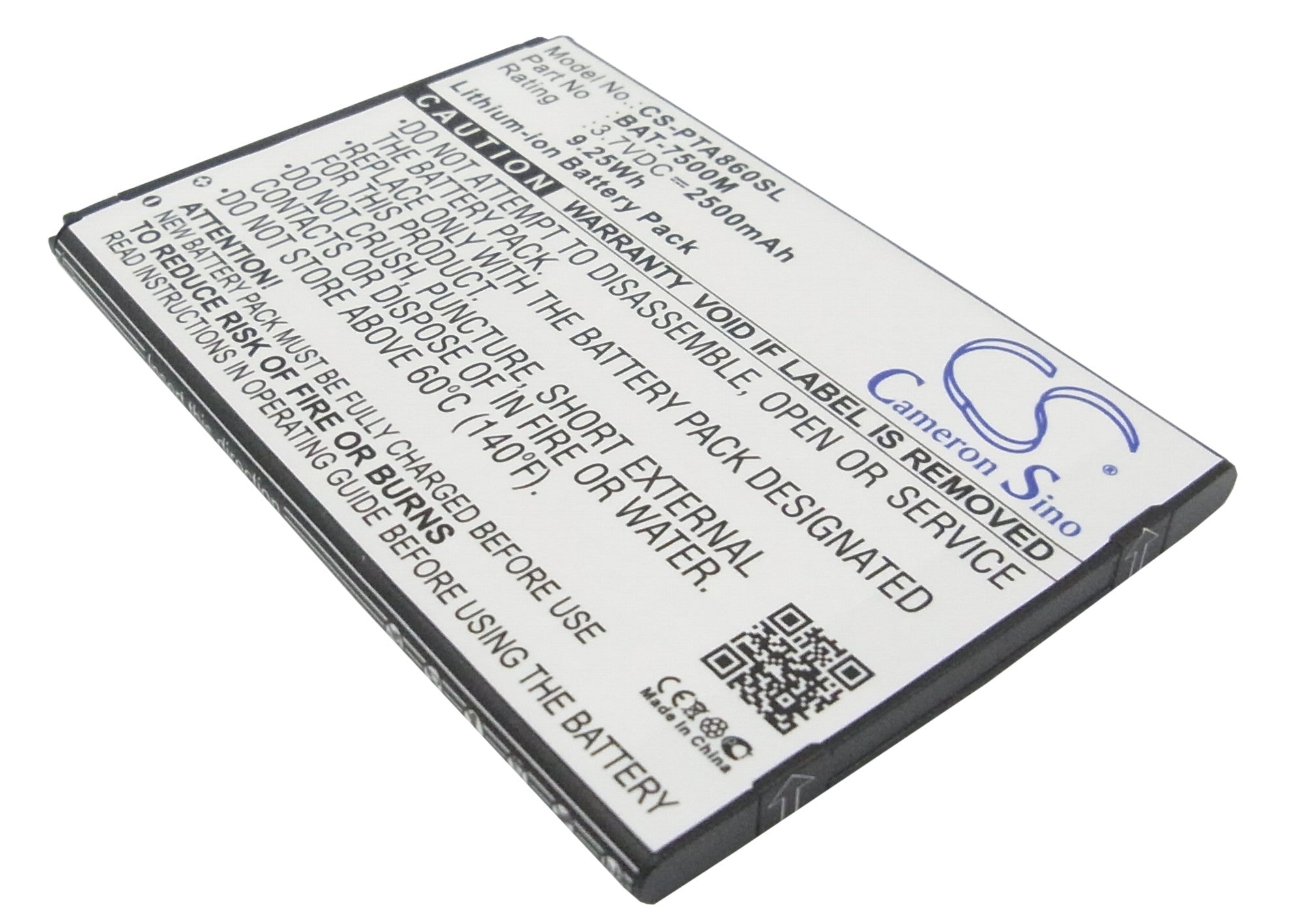 2500mAh Replacement Battery for Pantech Vega N6 IM-A860 Smartphones: 3.7V, 9.25Wh, BAT-7500M