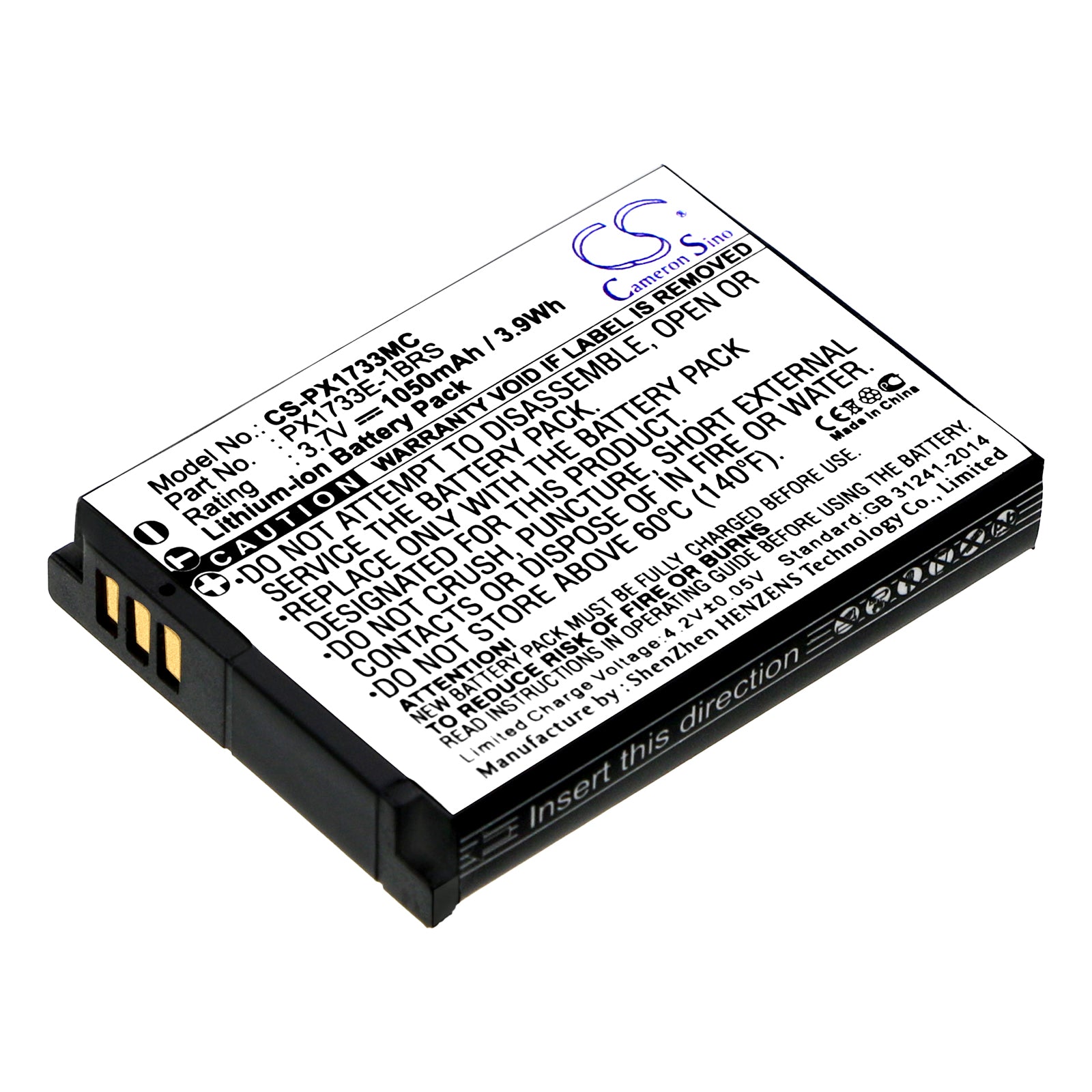1050mAh Li-ion Battery for Toshiba Camileo S30 HD Camera - PA3893U-1CAM, PX1733 Series - Replacement Power Pack