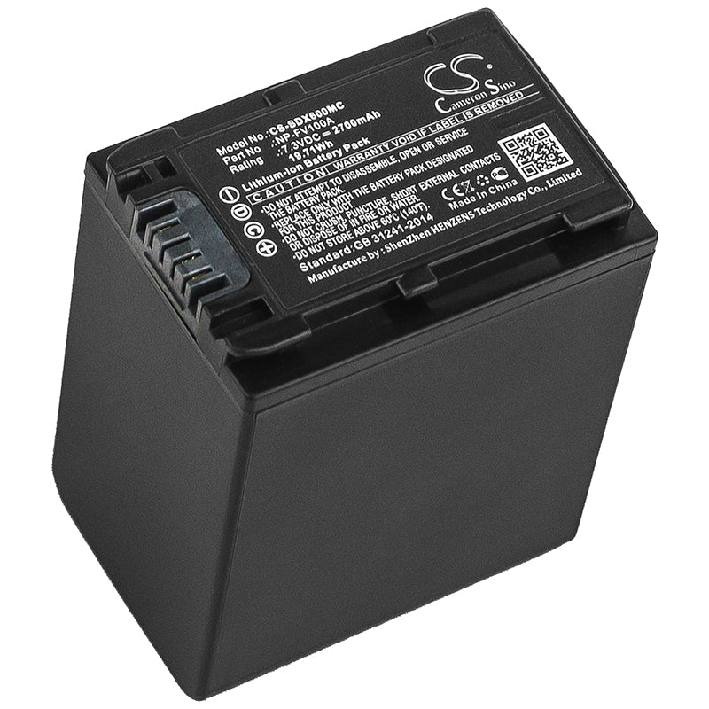 2700mAh Replacement Battery for Sony Camcorders: FDR-AX40, AX53, AX700, HDR-CX625, NP-FV100A, 7.3V, 19.71Wh