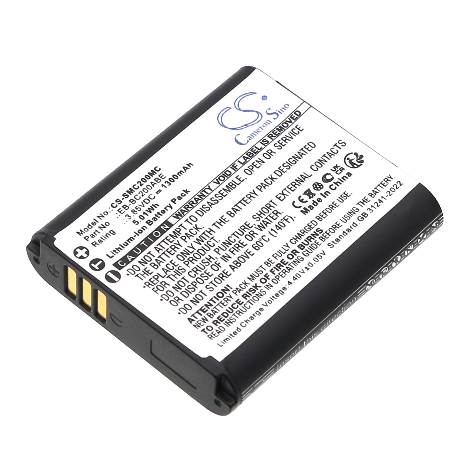 1300mAh Replacement Battery for Samsung Gear 360 SM-C200 Camera (3.85V, 5.01Wh) - EB-BC200ABE, GH43-04604A Compatible