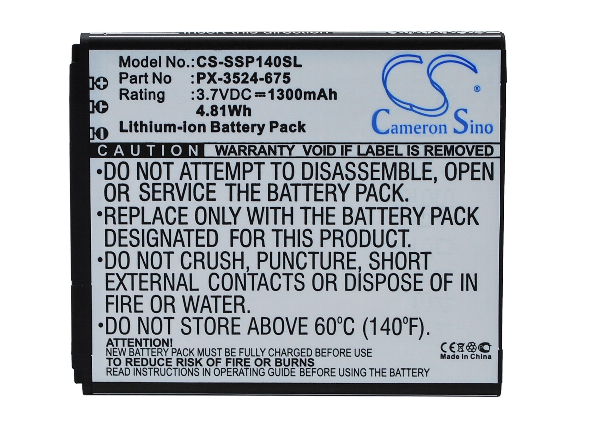 Simvalley SP-140 Smartphone Replacement Battery - 1300mAh Li-ion 3.7V - PX-3524 (65.05x55.10x4.50mm)